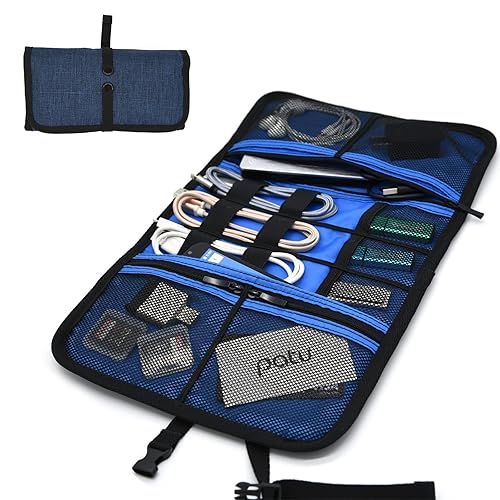 Patu Roll Up Electronics Accessories Travel Gear Organizer Case, Portable Universal External Batteries Hard Drives Cables Cosmetics Kit Bag, Navy