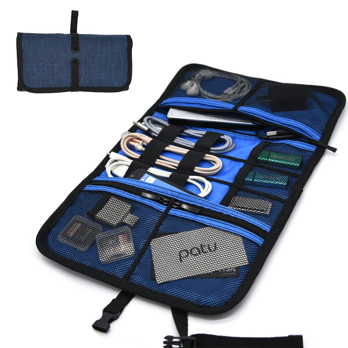 Patu Roll Up Electronics Accessories Travel Gear Organizer Case, Portable Universal External Batteries Hard Drives Cables Cosmetics Kit Bag, Navy