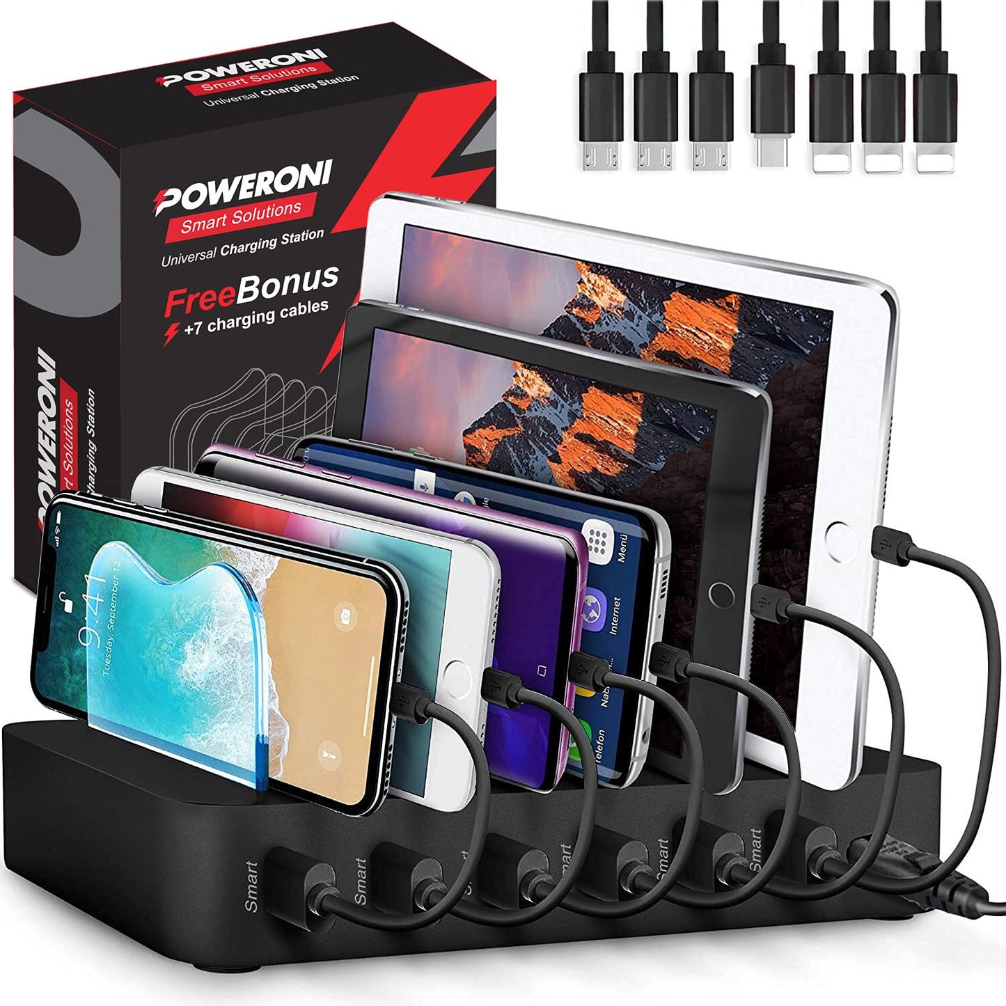 USB Charging Station - 6 Port Universal Charging Station for Multiple Devices - Multi Device Charger Dock - Compatible with Apple, iPad, iPhone