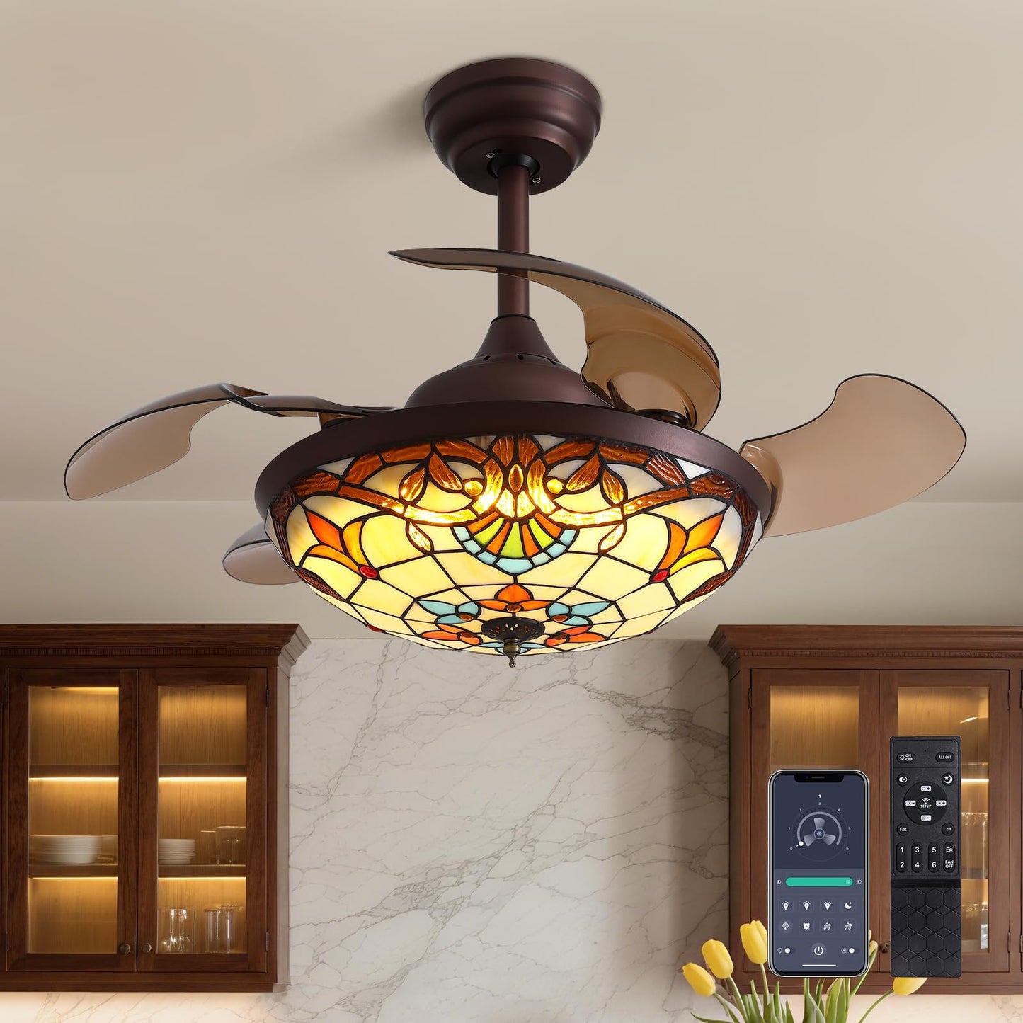 CROSSIO 36" Tiffany Style Ceiling Fan with Lights Vintage Fandelier Stained Glass Ceiling Fans with Lights Retractable Blades Chandelier Fan