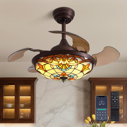 CROSSIO 36" Tiffany Style Ceiling Fan with Lights Vintage Fandelier Stained Glass Ceiling Fans with Lights Retractable Blades Chandelier Fan