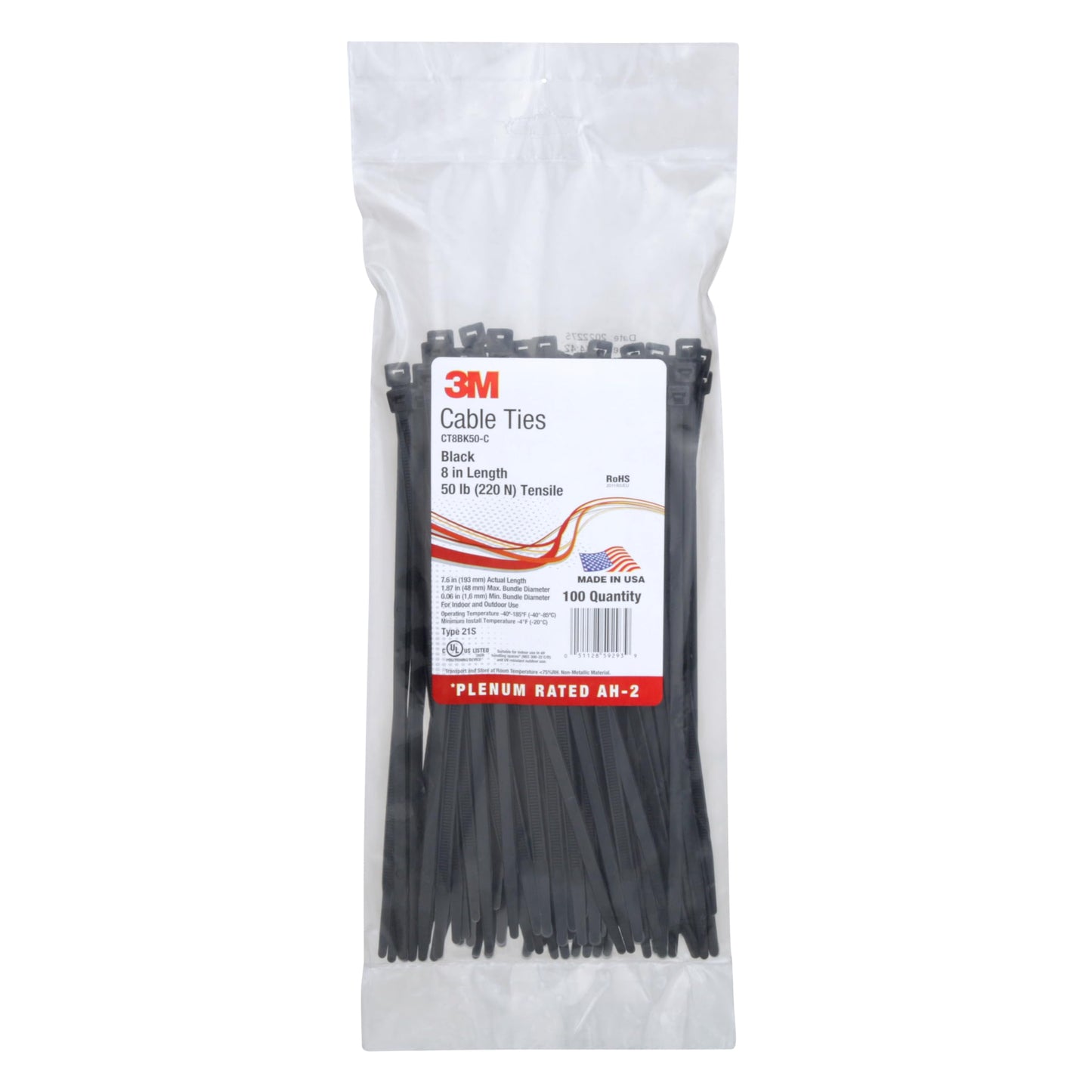 3M Cable Tie, Black, 50 lb Tensile Strength, 8", Black, Bag of 100 Pieces of Standard Nylon Cable Ties