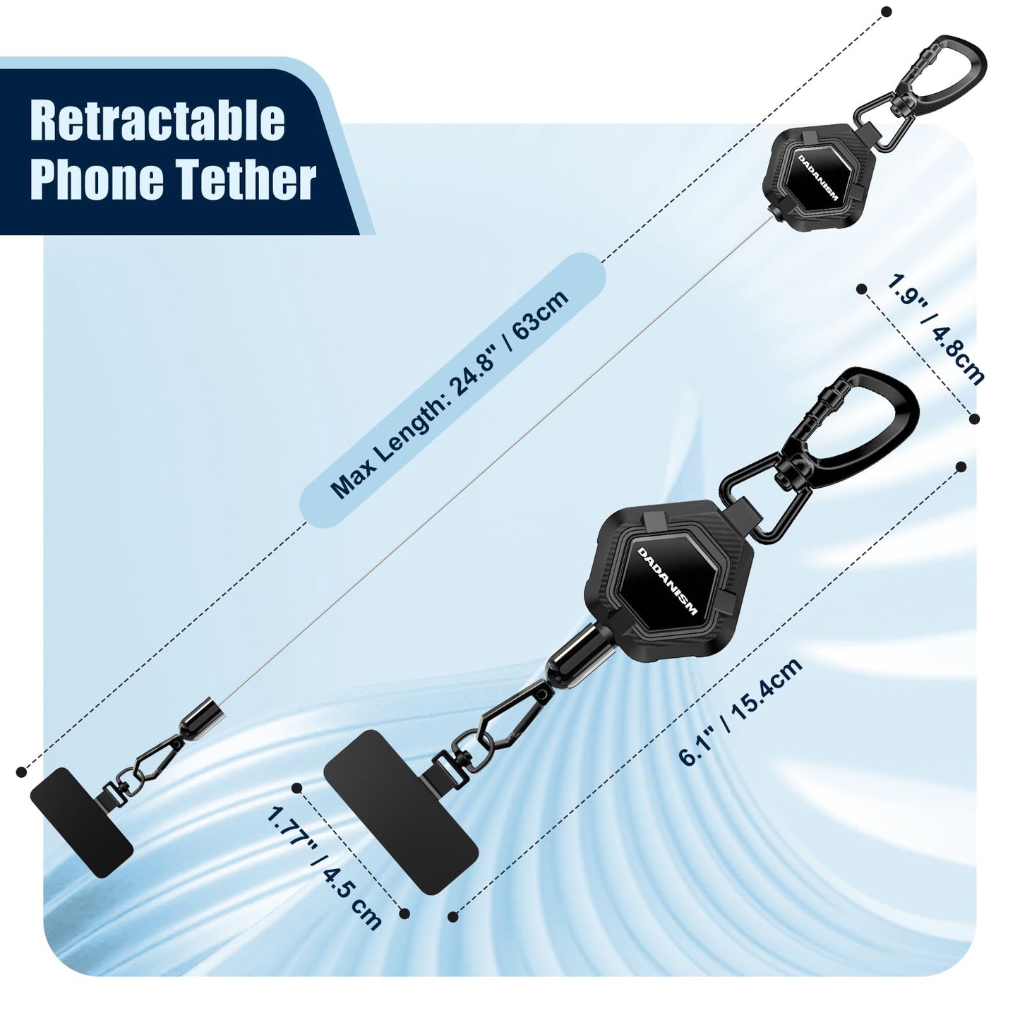 Dadanism Anti-Theft Phone Tether, Universal Phone Lanyard Retractable Steel Line Cell Phone Strap with Heavy-Duty Carabiner & 360° Rotatable Metal Tab