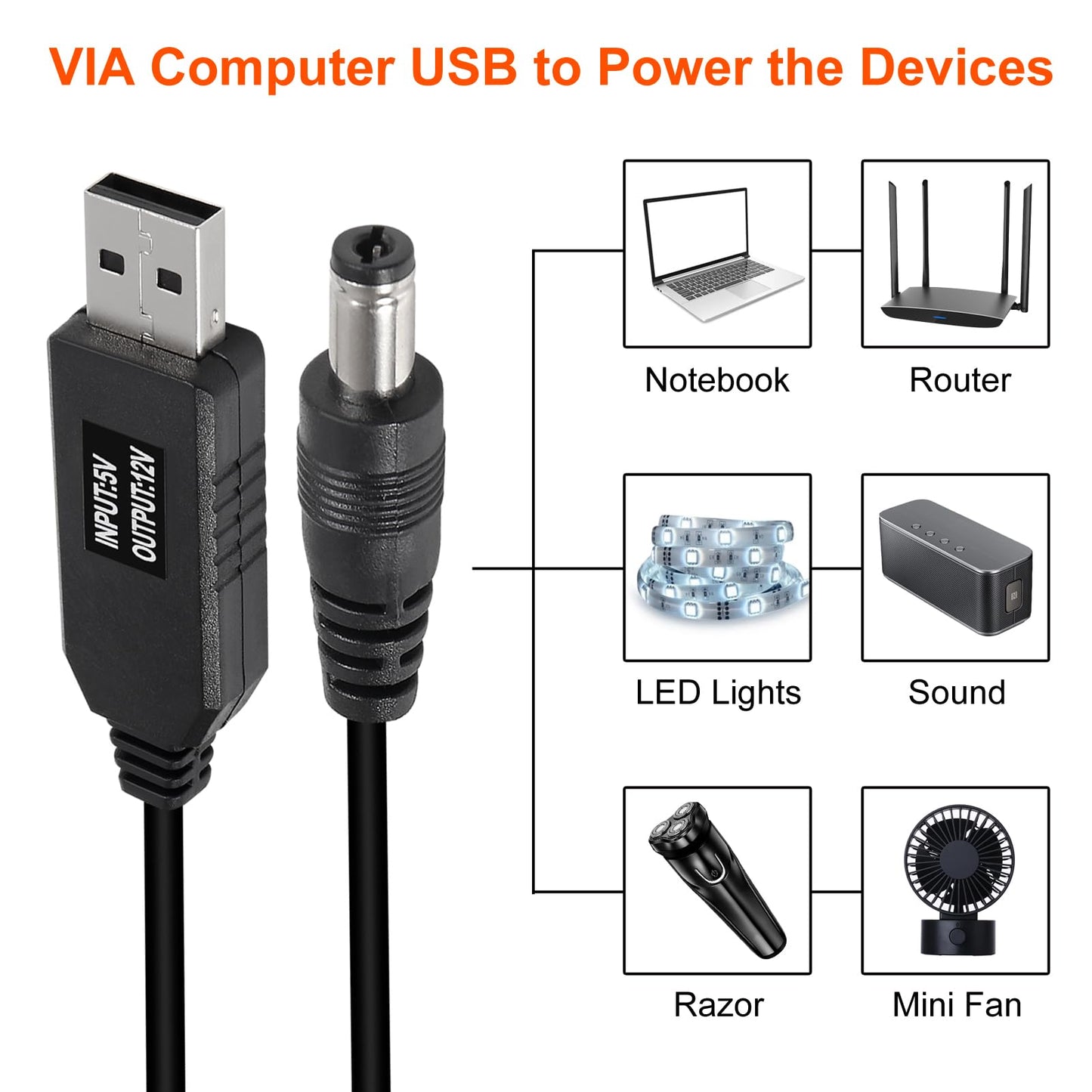 AITRIP 4pcs DC 5V to DC 12V USB Voltage Step Up Converter Cable Power Supply USB Cable with 5.5x2.1mm DC Connect Male 1M for WiFi Router Mini Fan