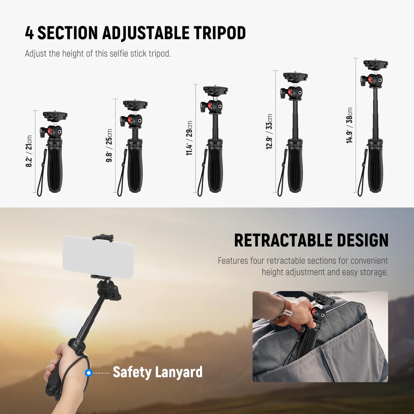 NEEWER TP38 Phone Camera Tripod, 15" Extendable Selfie Stick Metal Stand with Phone Holder, Action Camera Adapter Compatible with Hero 12 11 10 9