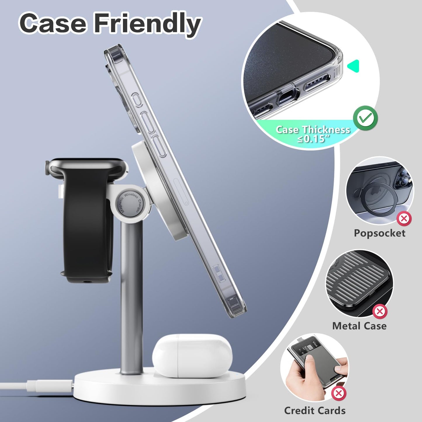 3 in 1 Wireless Charging Station Compatible with MagSafe, 15W Fast Charging Magnetic Mag-Safe Charger Stand for Apple iPhone 17 16 15 14 13 12Series