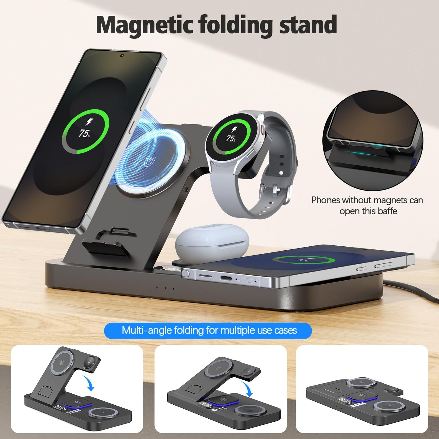 YiJYi Magnetic Wireless Charger for Samsung, 6 in 1 for Samsung Charging Station,30W Dual Phone with Auto-Switch 7-Color Light & Clock,for Samsung