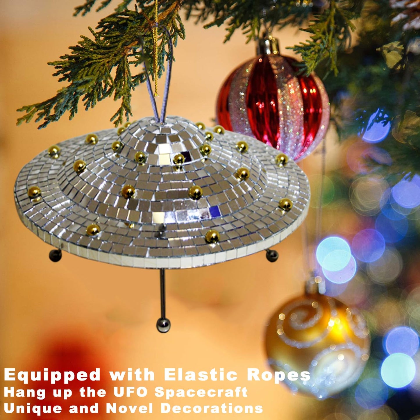 Disco Ball with Elastic Rope UFO Spaceship Mirror Reflective Decorations UFO Space Art Crafts Creative Disco Mirror Ball Handmade Gifts Funny