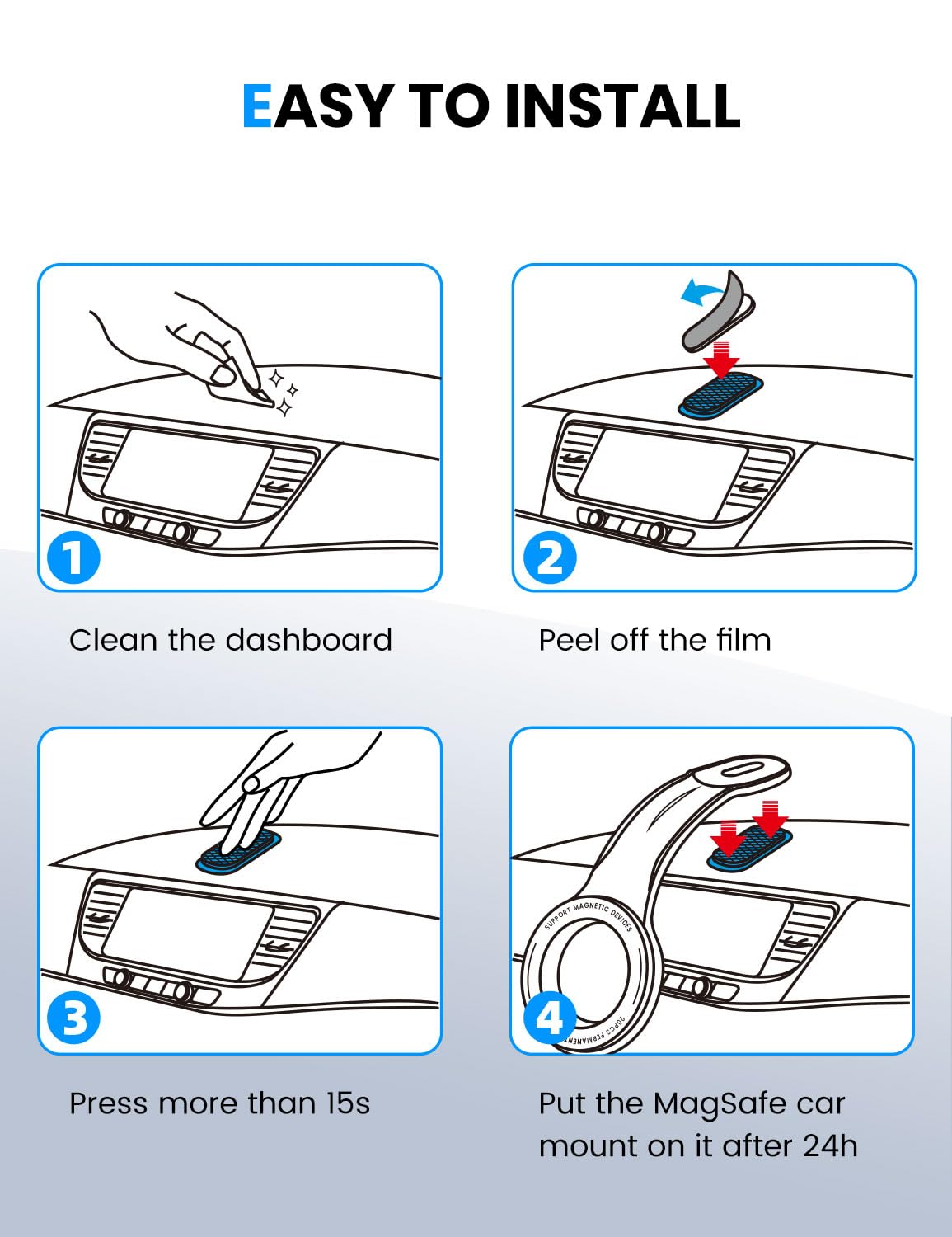 eSamcore Enlarged [3.22" X 2.16"] 2 Pack Single-Sided 3M VHB Adhesive Pad with Loop Strip Replacement Only Compatible with Magsafe Car Mount