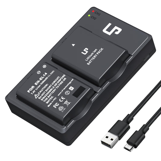 LP EN-EL14 EN EL14a Battery Charger Pack, 2-Pack 1600mAh Battery & Dual Slot Charger, Compatible with Nikon D3100 D3200 D3300 D3400 D3500 D5100 D5200
