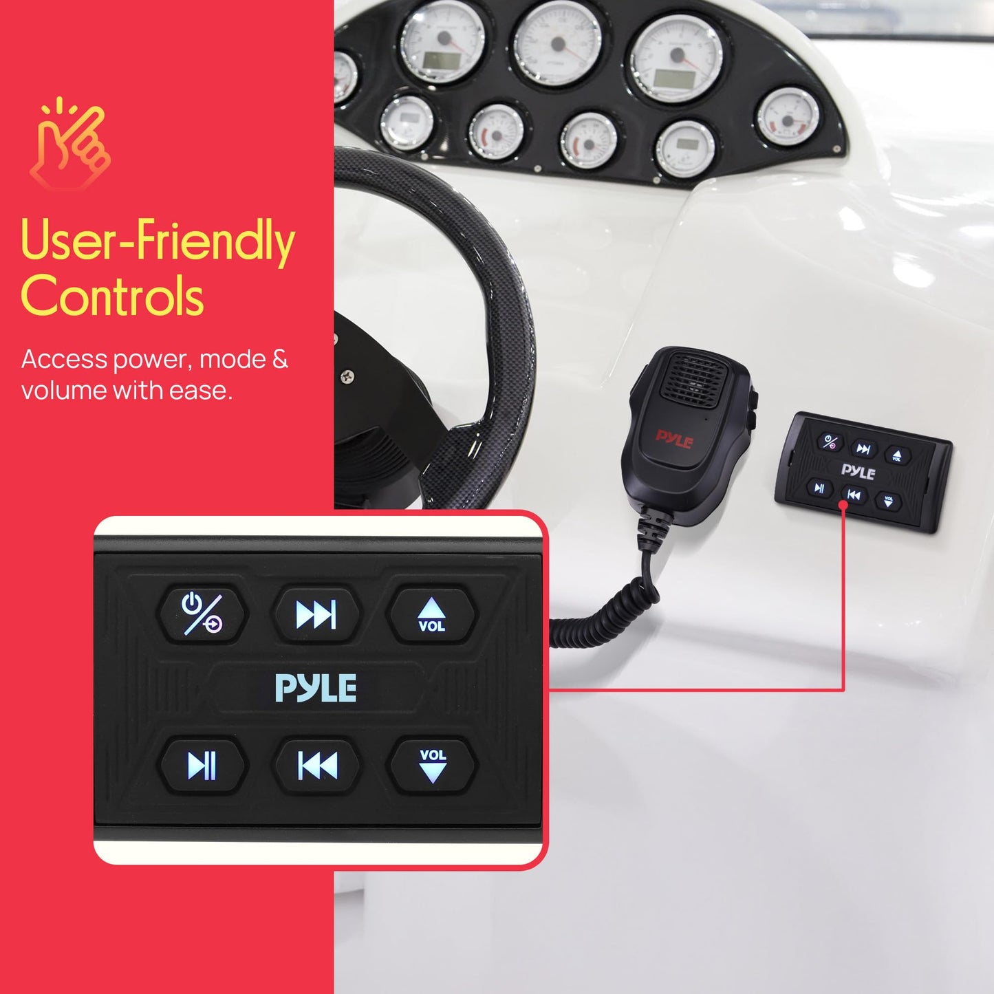 Pyle Wireless BT Audio Controller Kit, Marine Bluetooth Receiver & Adapter with Remote Control, Compact Microphone for Onboard Audio Entertainment