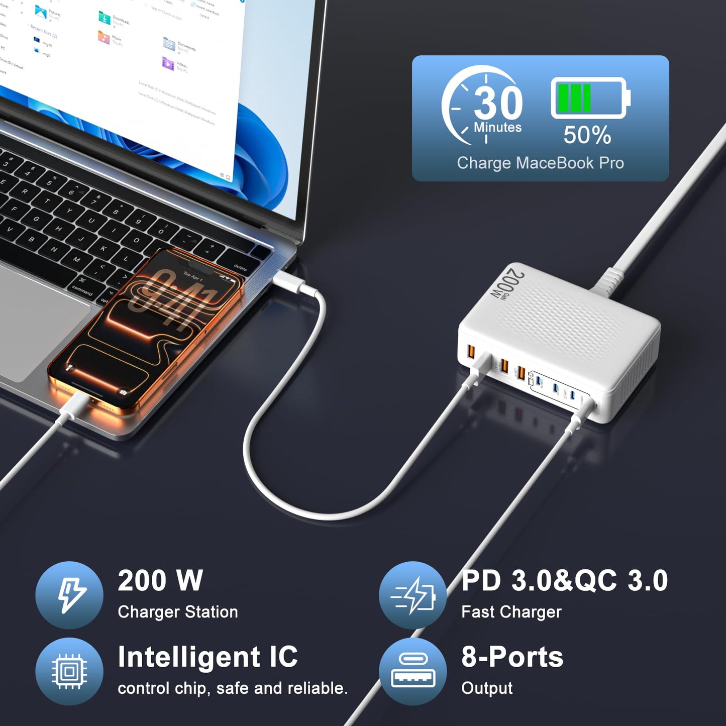 200W GaN 8-Port USB C Charging Station, PD 65W Multi-Device Charger