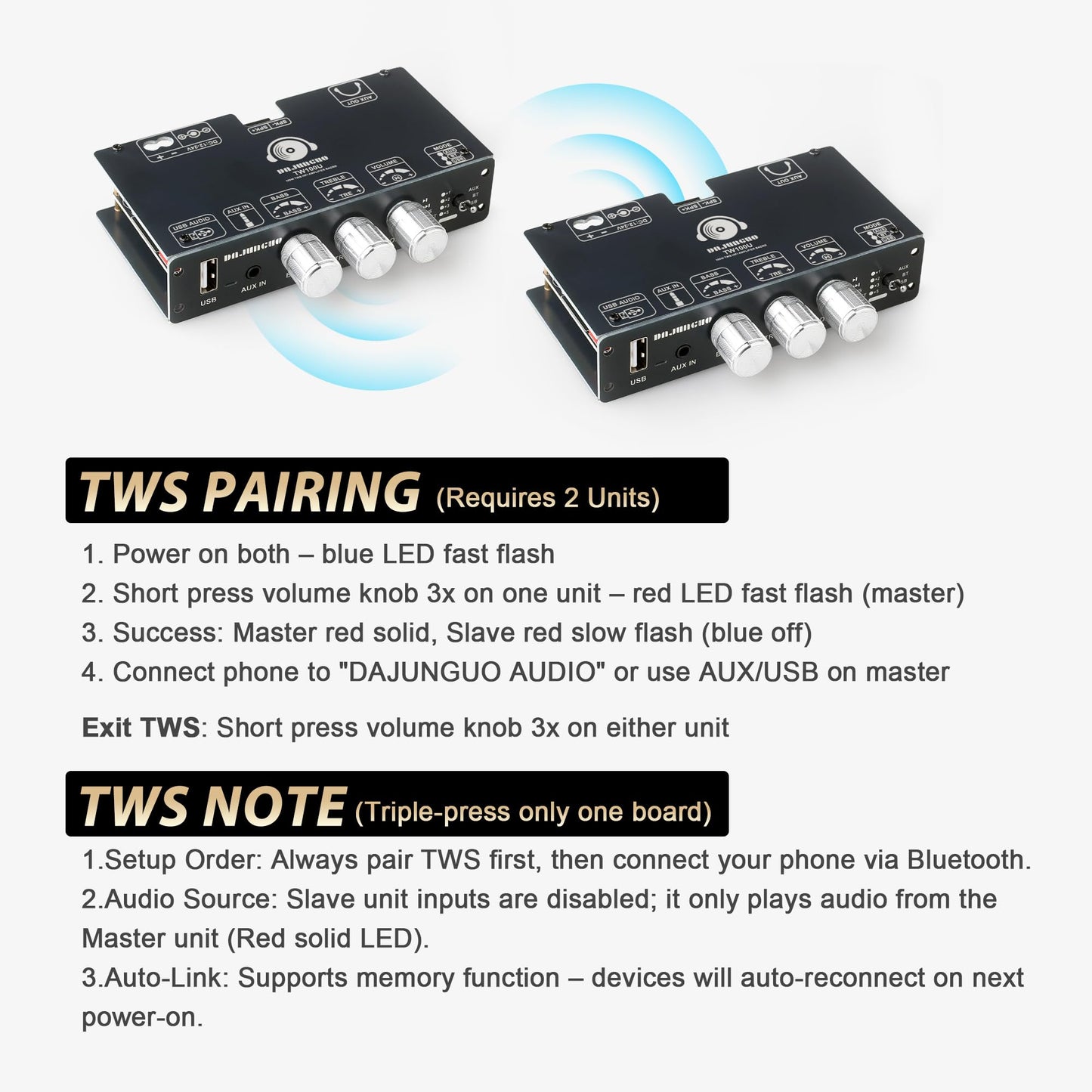 TW100U 100W Mono Amplifier Board, TPA3116D2 Digital Power Amp Module with Built-in Step-up Voltage Circuit (19V/24V), Supports TWS Wireless Pairing