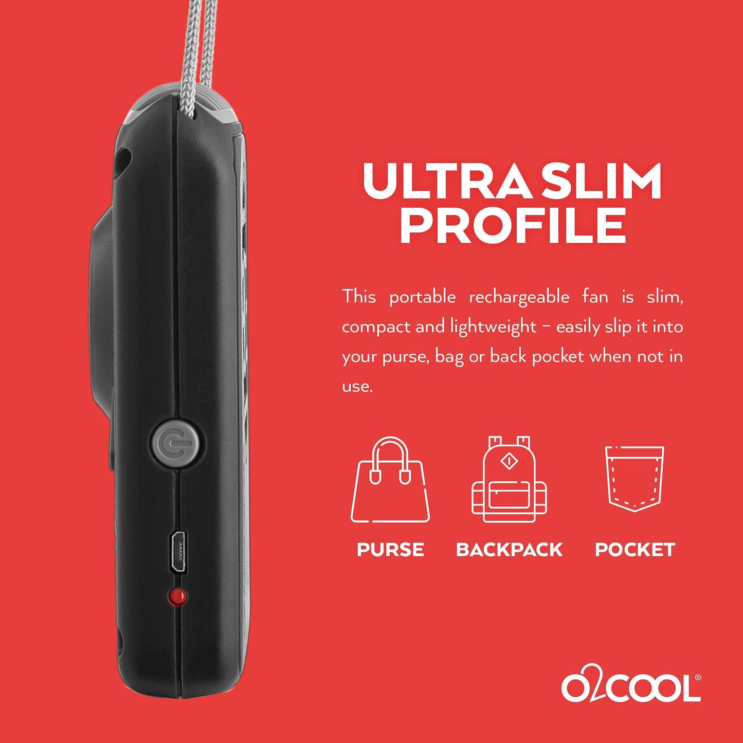 O2COOL Personal Rechargeable Neck Wearable Lanyard Fan Dark Black