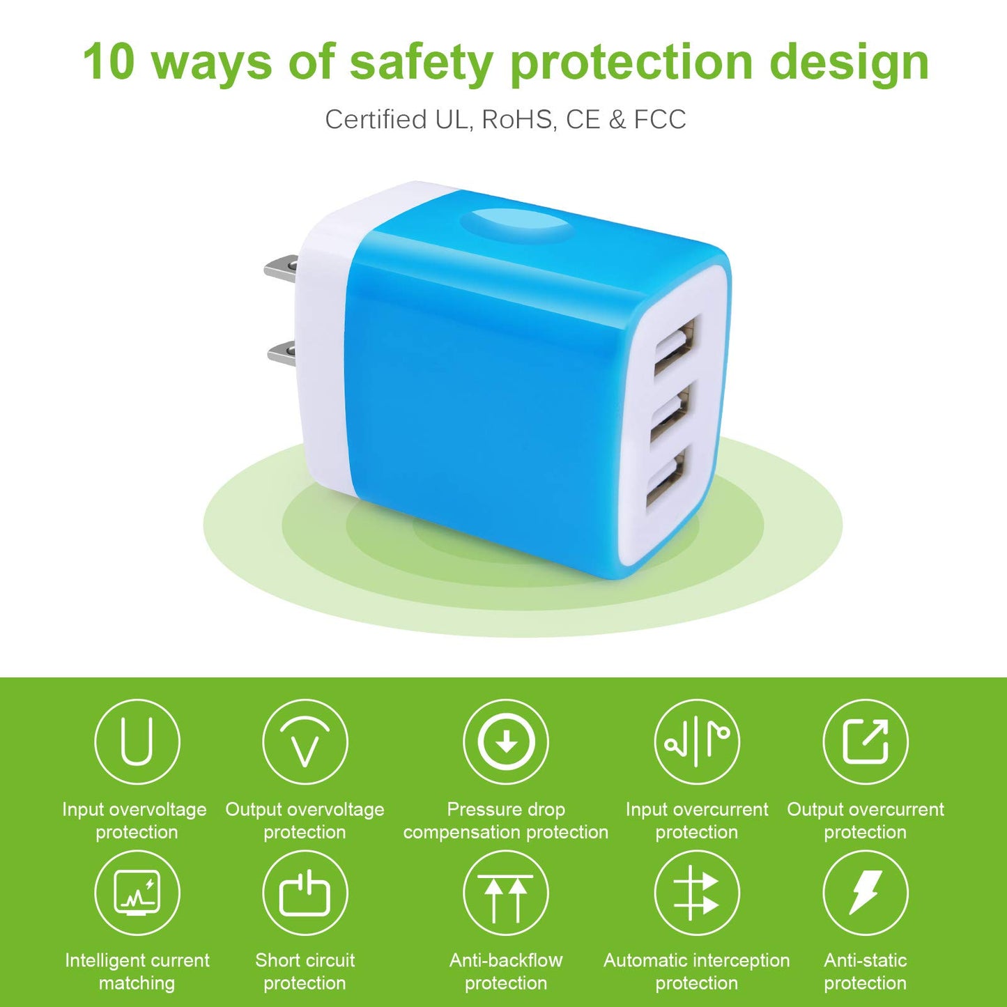 Charger Plug, Charging Block Sicodo 5-Pack 3.1Amp 3-Port USB Cube for iPhone 17/16/15/14/13/12/SE/11Pro Max, Plus, Samsung Galaxy, LG, Moto, Kindle