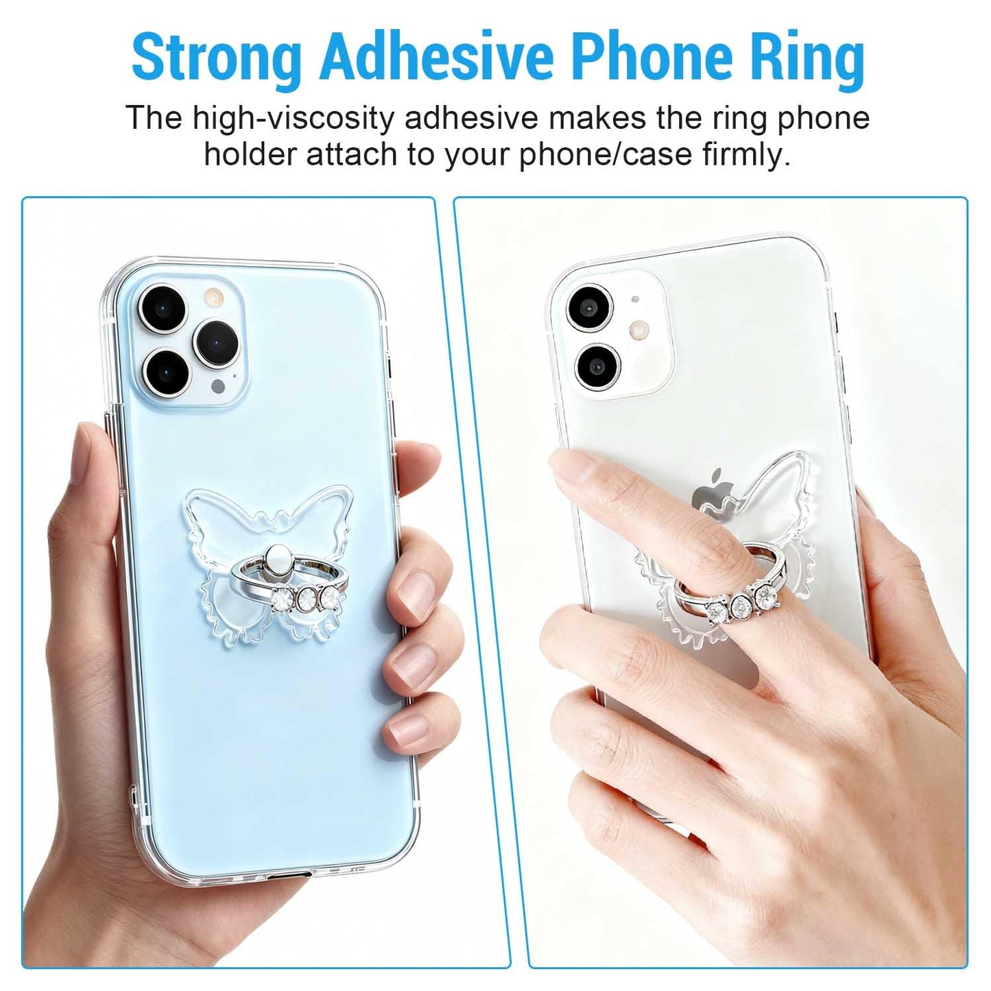 2PcsTransparent Phone Ring Holder Grip, Clear Butterfly Cell Phone Ring Holder Stand with Diamonds,360°Rotation Finger Grip Ring Kickstand Compatible