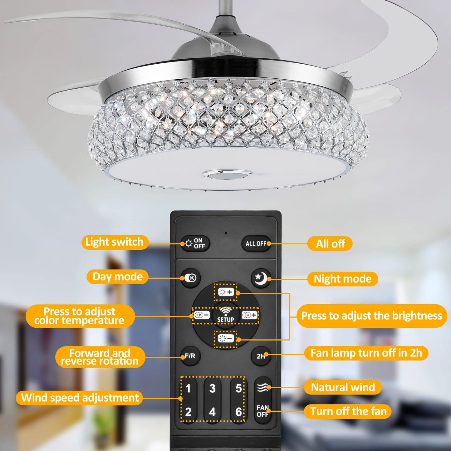Panghuhu88 42" Invisible Ceiling Fan Chandelier with Light and Bluetooth Speaker,Modern 3 Color Change Crystal Ceiling Fan Light Remote Control 4