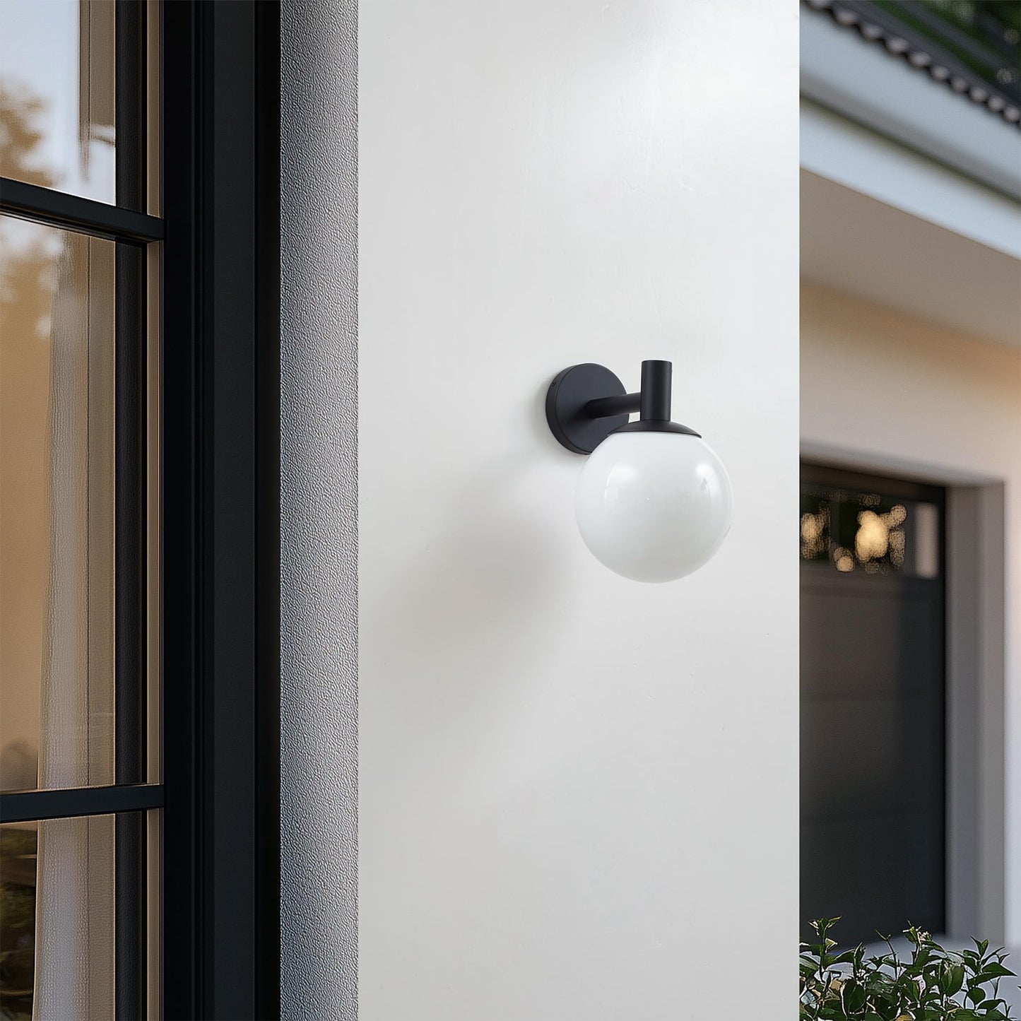 Lucande Porch Light Outdoor Globe Wall Light, Modern Exterior Sconce with Opal Glass Shade, Black Wall Light Fixture for Exterior Patio Balcony