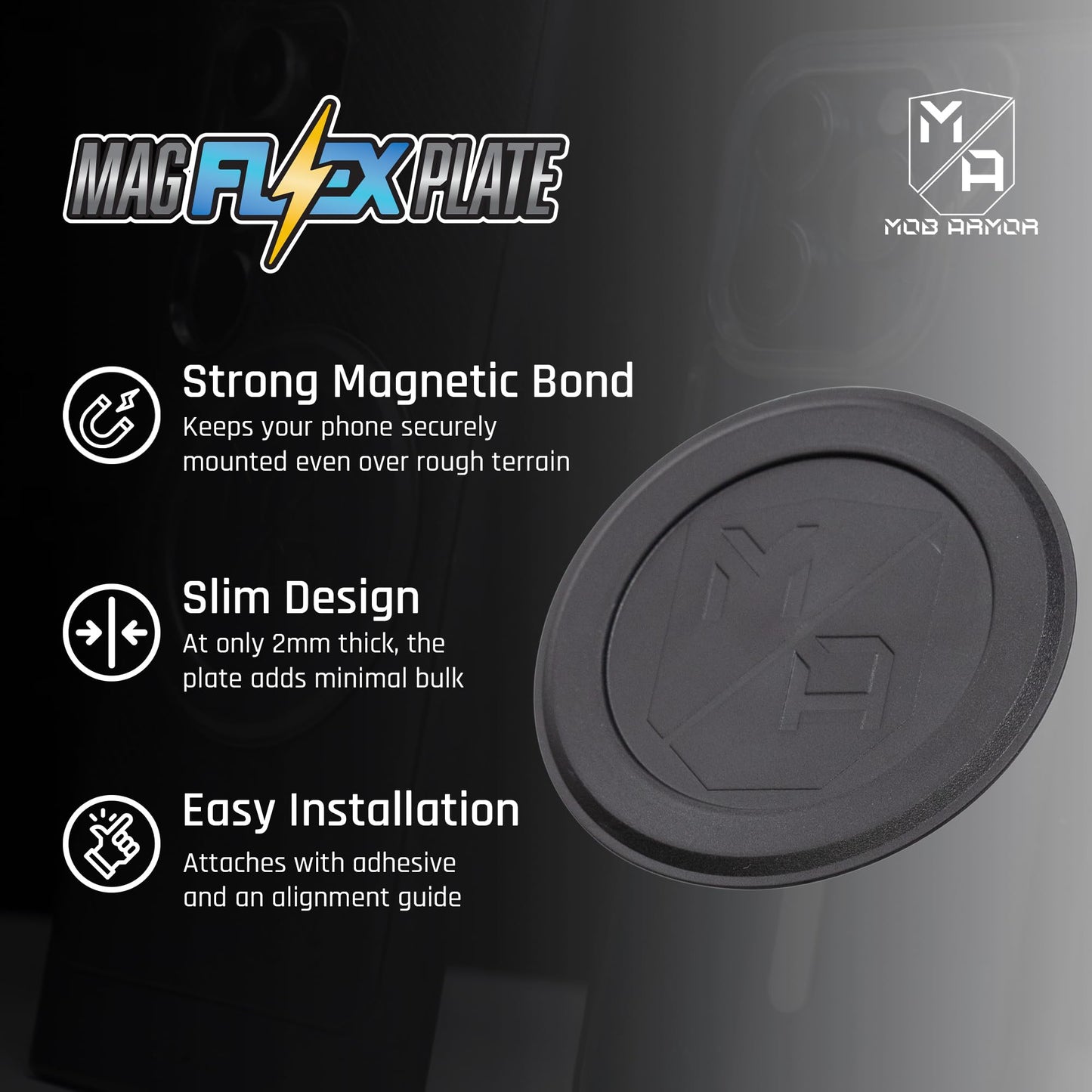 Mob Armor Magnet Flex Plate - Magnetic Phone Mount Compatible for iPhone & Android, Wireless Charging Compatible - 2mm Slim Rubber Magnetic Plate