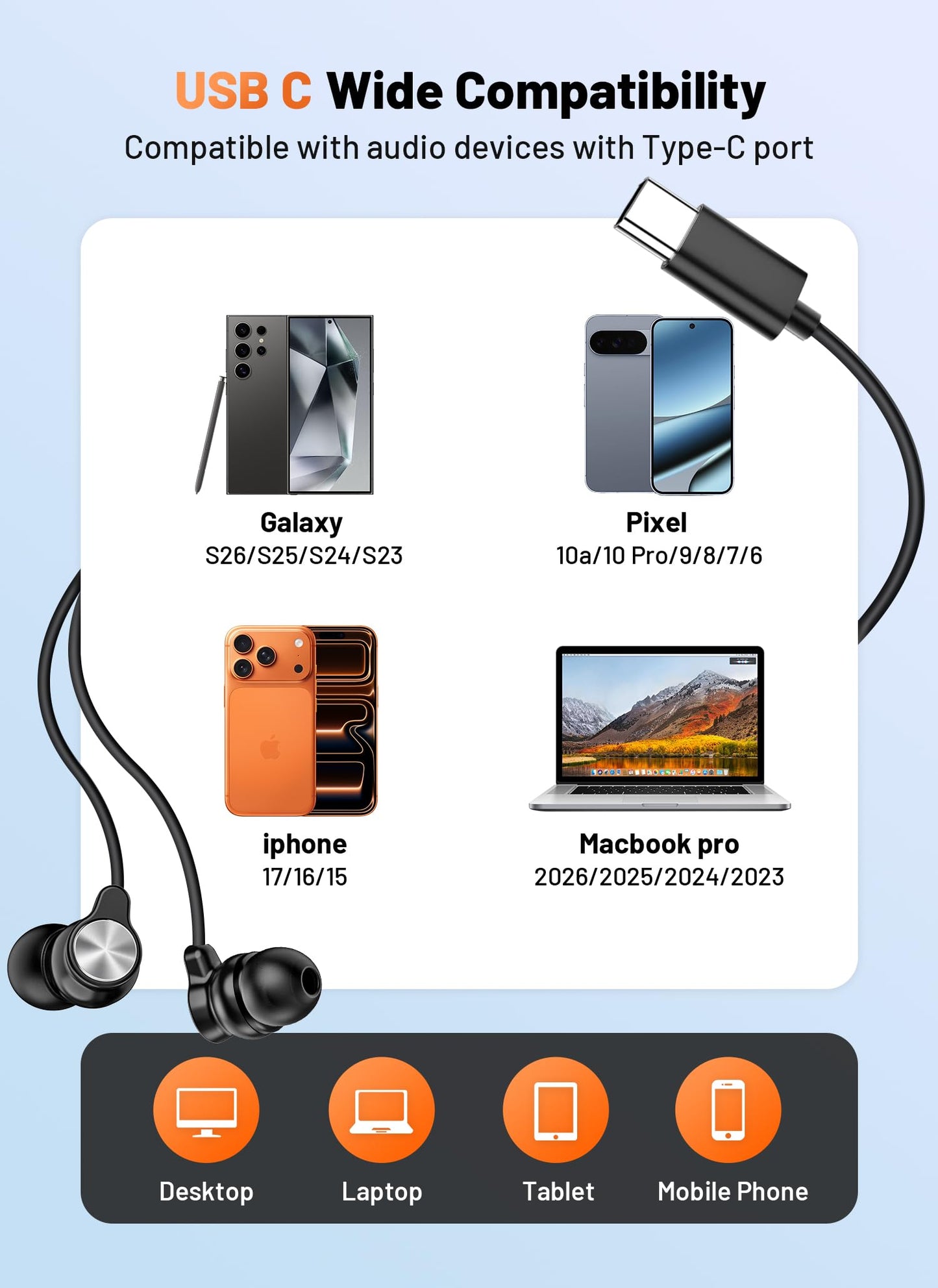 USB C Headphones for iPhone 17/16/15,Wired Earbuds USB C for Galaxy S26 25