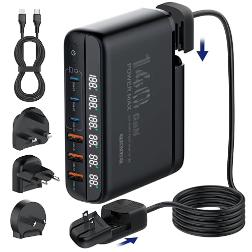 GaN 140W USB C Charger Block 6 Port Multi USB Charging Station Hub Power Digital Display 100W Laptop Charger Type c Universal Travel Adapter EU/UK/US