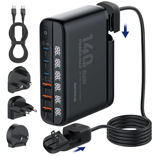 GaN 140W USB C Charger Block 6 Port Multi USB Charging Station Hub Power Digital Display 100W Laptop Charger Type c Universal Travel Adapter EU/UK/US