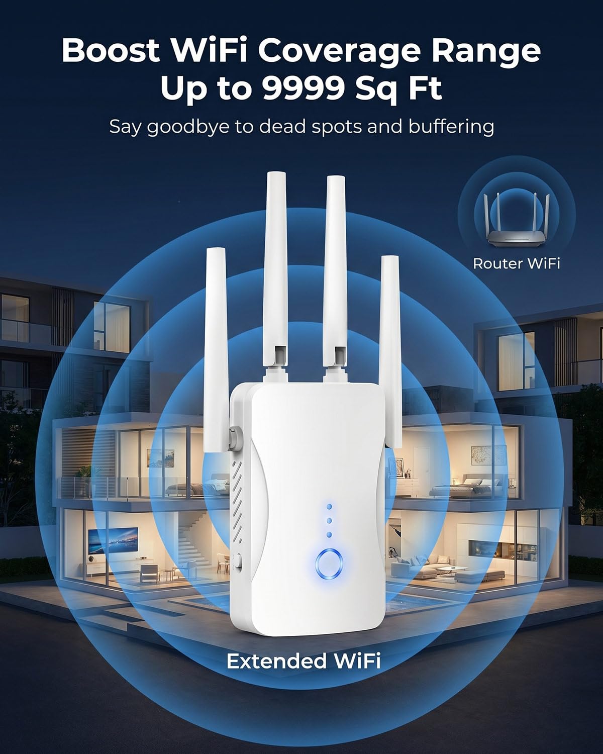 WiFi Extender Signal Booster - 2.4GHz WiFi Booster for Home, Covers Up to 9999 Sq. Ft, Easy Setup, Ethernet Port & Access Point, Stable Internet