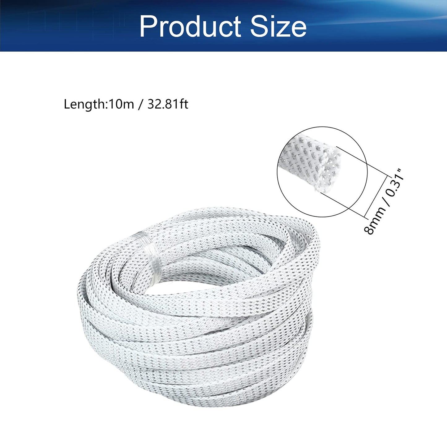 Bettomshin 1Pc 32.8Ft(10m) Cable Management Sleeve, 5/16"(8mm) Width PET Silver & White Cord Protector, Wire Loom Tube Insulated Split Sleeving