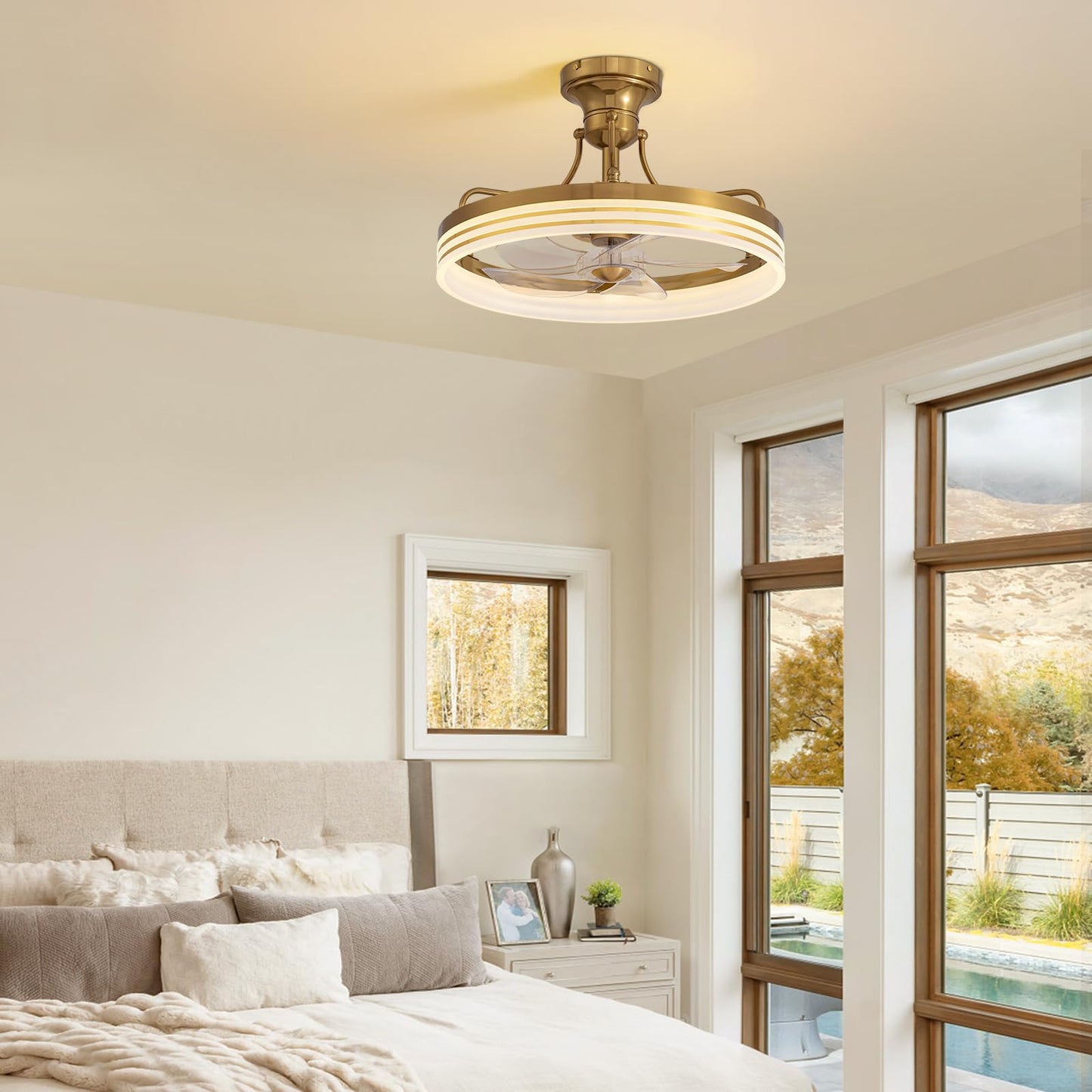MOOONICHE 20inch Ceiling Fan with Light Gold Flush Mount Fandelier with Remote Control Modern LED Ceiling Fan 6 Wind Speeds Fandelier for Bedroom