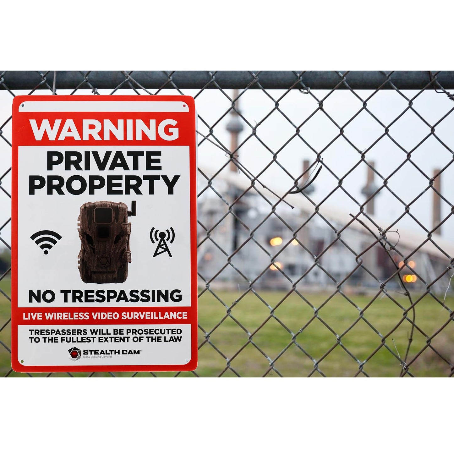STEALTH CAM Durable Attachable 8"x12" Tin Outdoor Security Alert Warning Private Property No Trespassing Premises Under Surveillance Sign