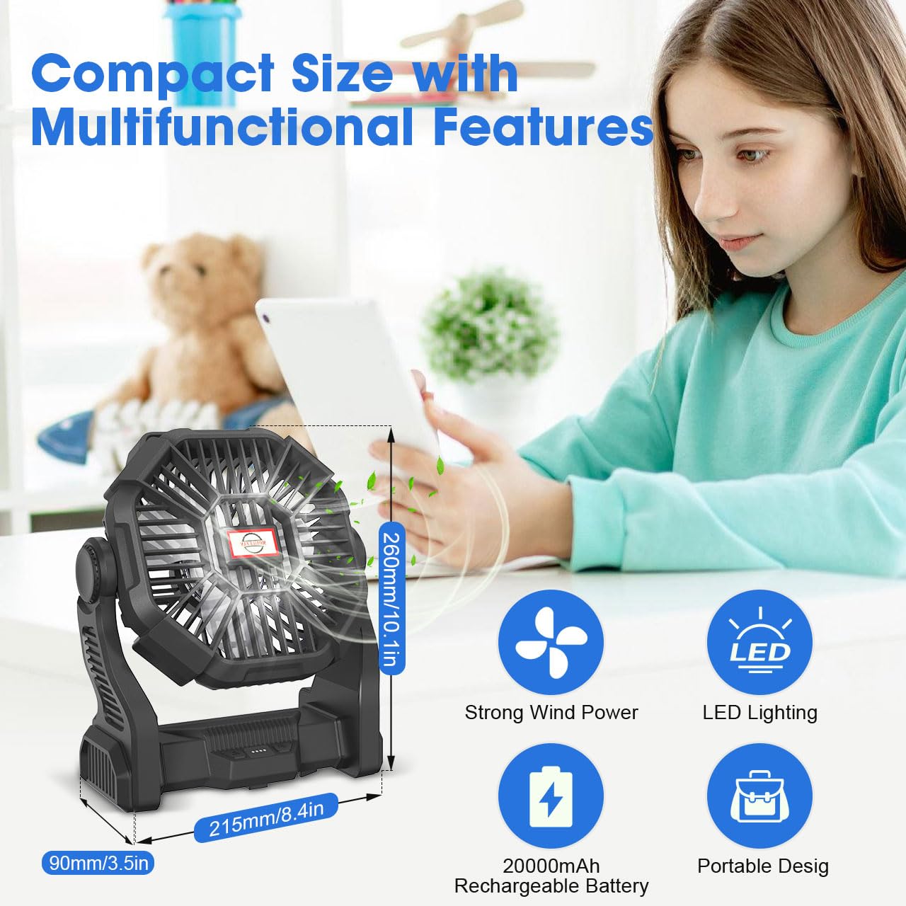 Portable Camping Fan with LED Light, 20000mAh Rechargeable Battery, Adjustable Brightness & Speed, Hanging & Handheld Design, Long-lasting Power