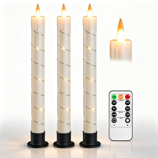 3 Pack Ivory Dripping Wax Flameless Candles, Realistic Dynamic Flame LED Taper Candles with Surrounding Fairy String Lights, Remote Control Battery