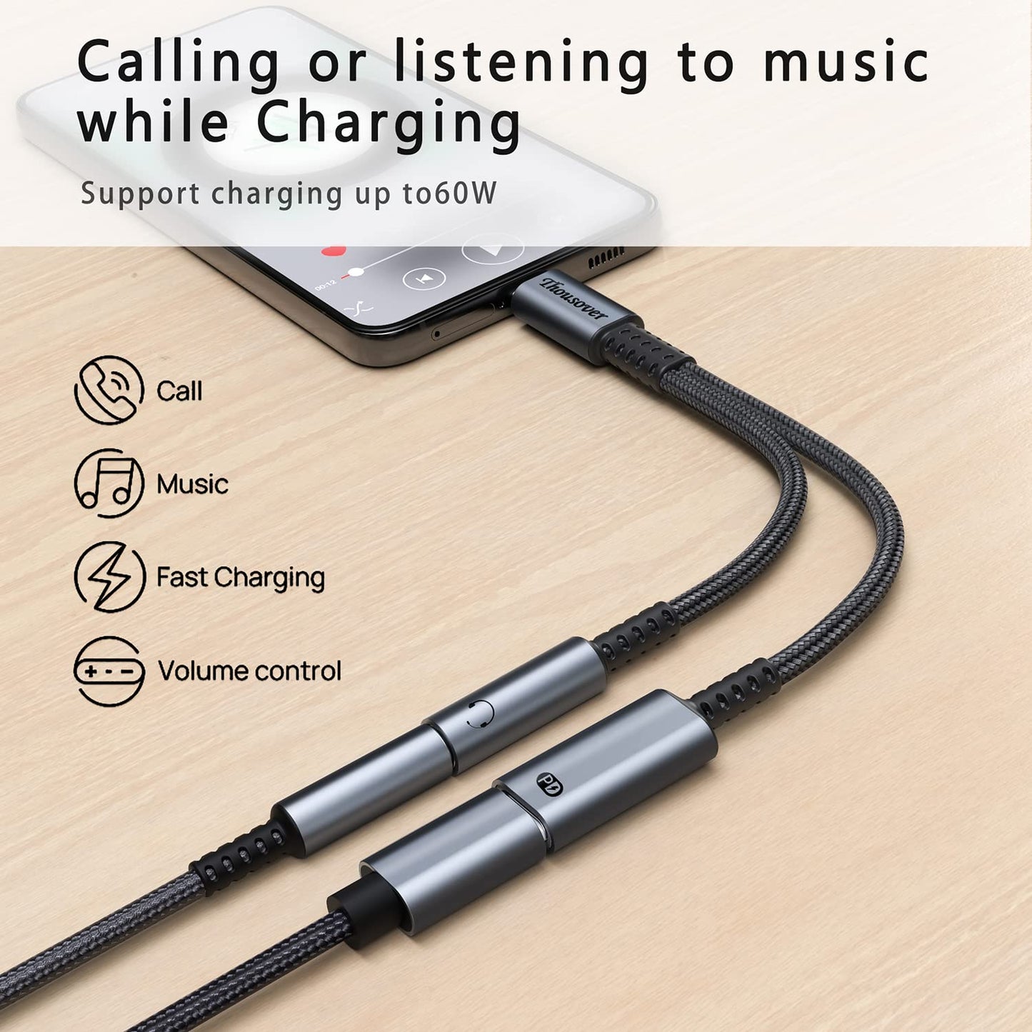 USB C to 3.5mm Headphone and Charger Adapter,2-in-1 USB C to Aux Audio Adapter with PD 60W Fast Charging Compatible with Apple iPhone