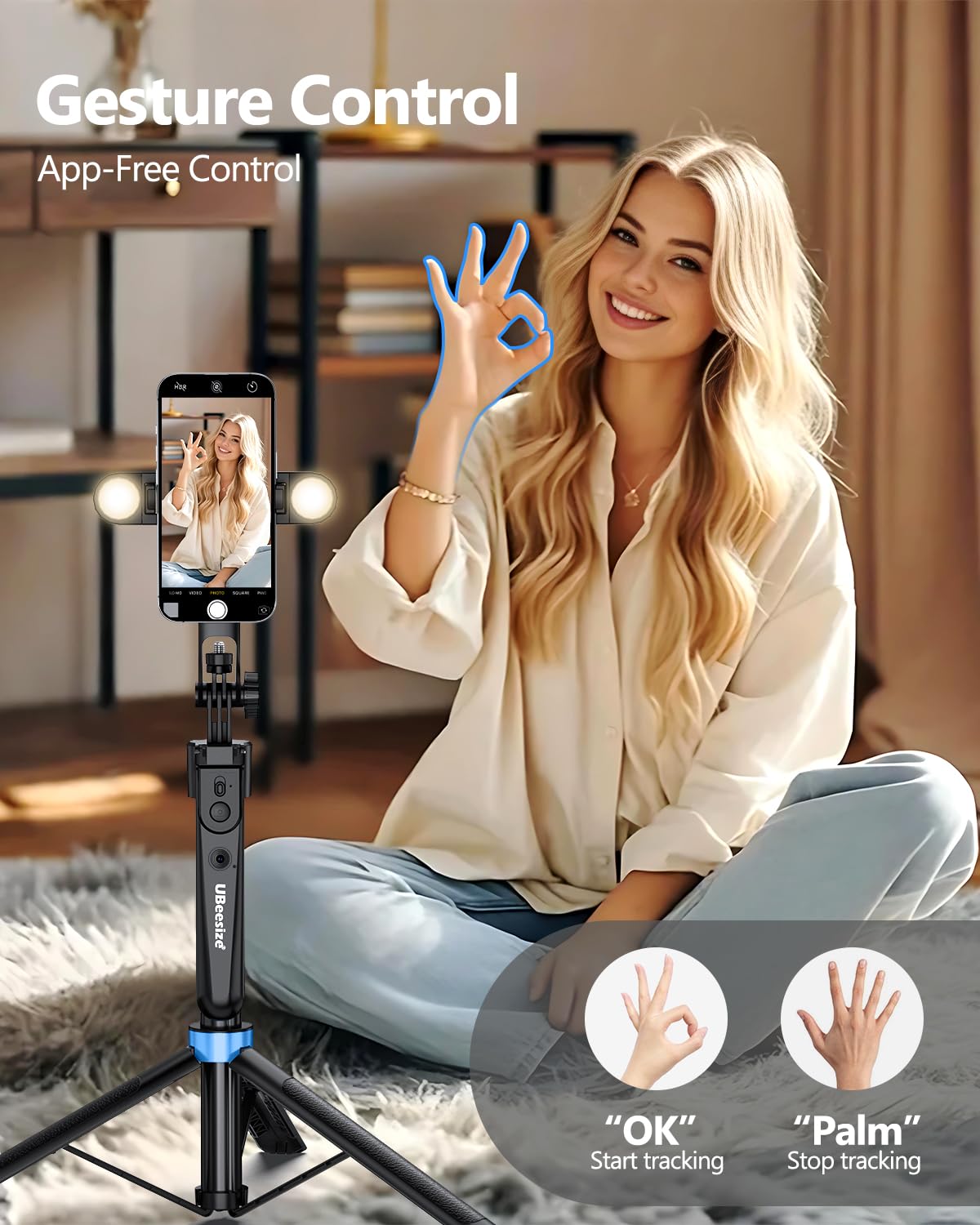 UBeesize 70'' Auto Face Tracking Tripod 360° Rotation with Stand, Phone Tripod with Fill Light, Selfie Stick & Phone Stand for Recording, Vlog/Live
