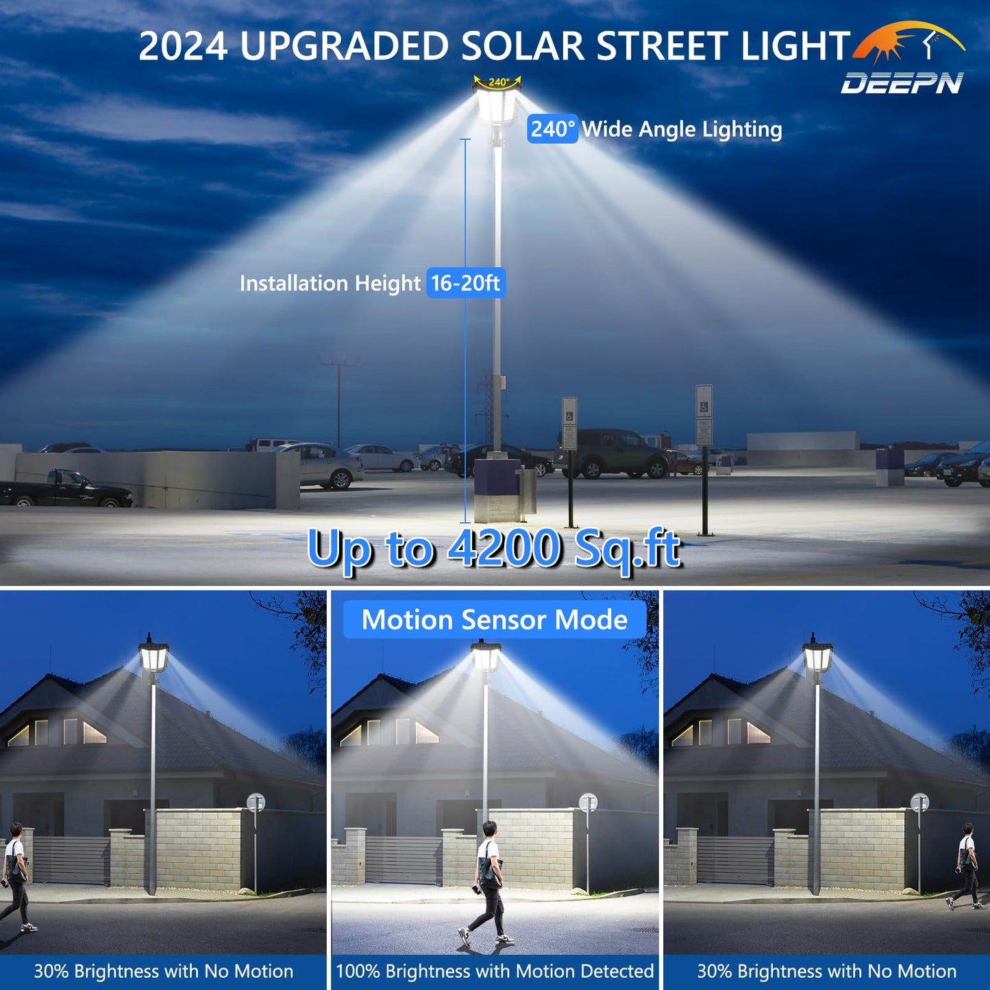 Deepn Solar Street Light, Commercial Grade Solar Lights Outdoor IP67 Waterproof, 9800W LED Flood Security Lights Motion Sensor & Dusk to Dawn Outdoor