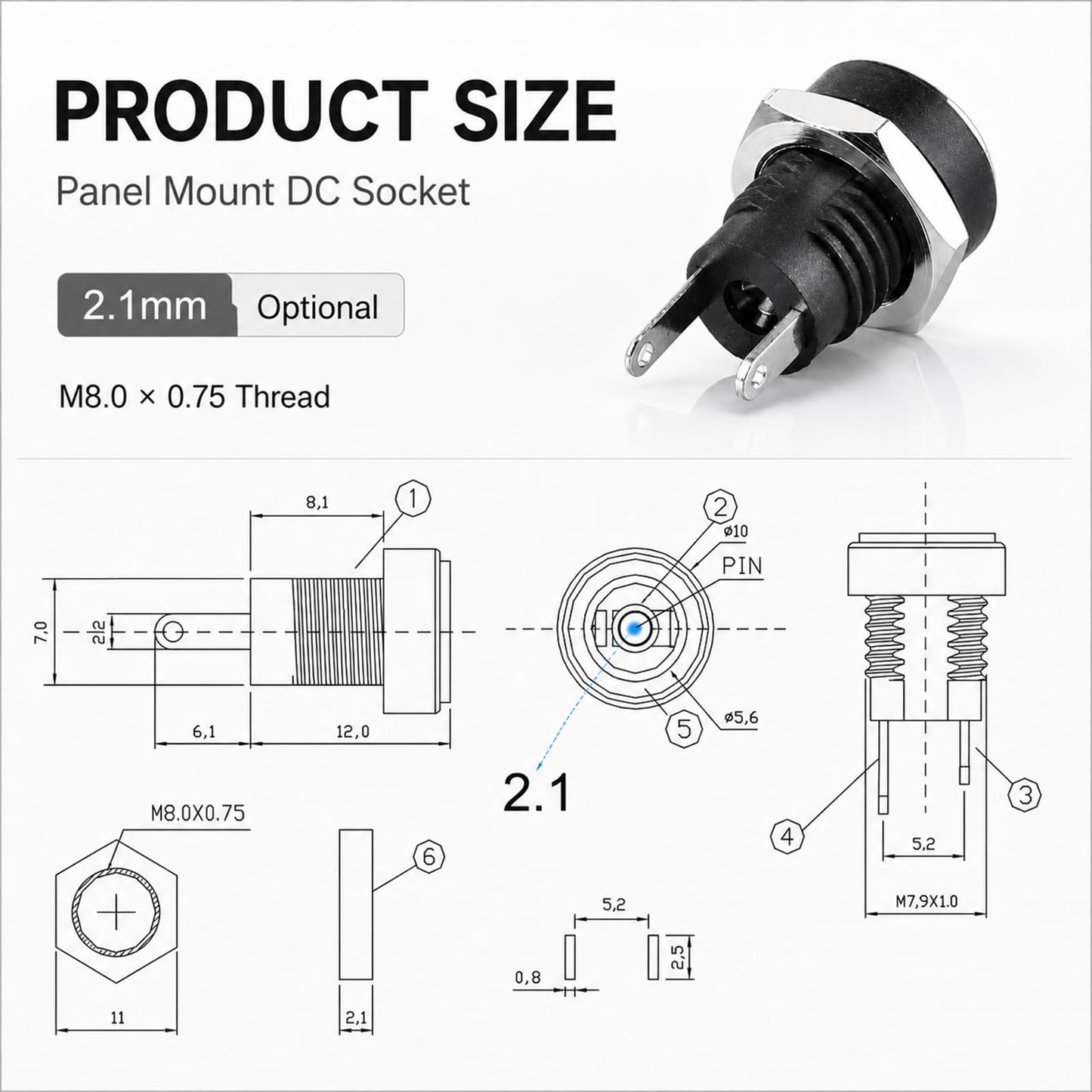 DIYhz 10 Pack 5.5mm x 2.1mm DC Power Jack, 24V 4A 2 Pin Panel Mount Socket for Router CCTV LED Strip Small Electronics