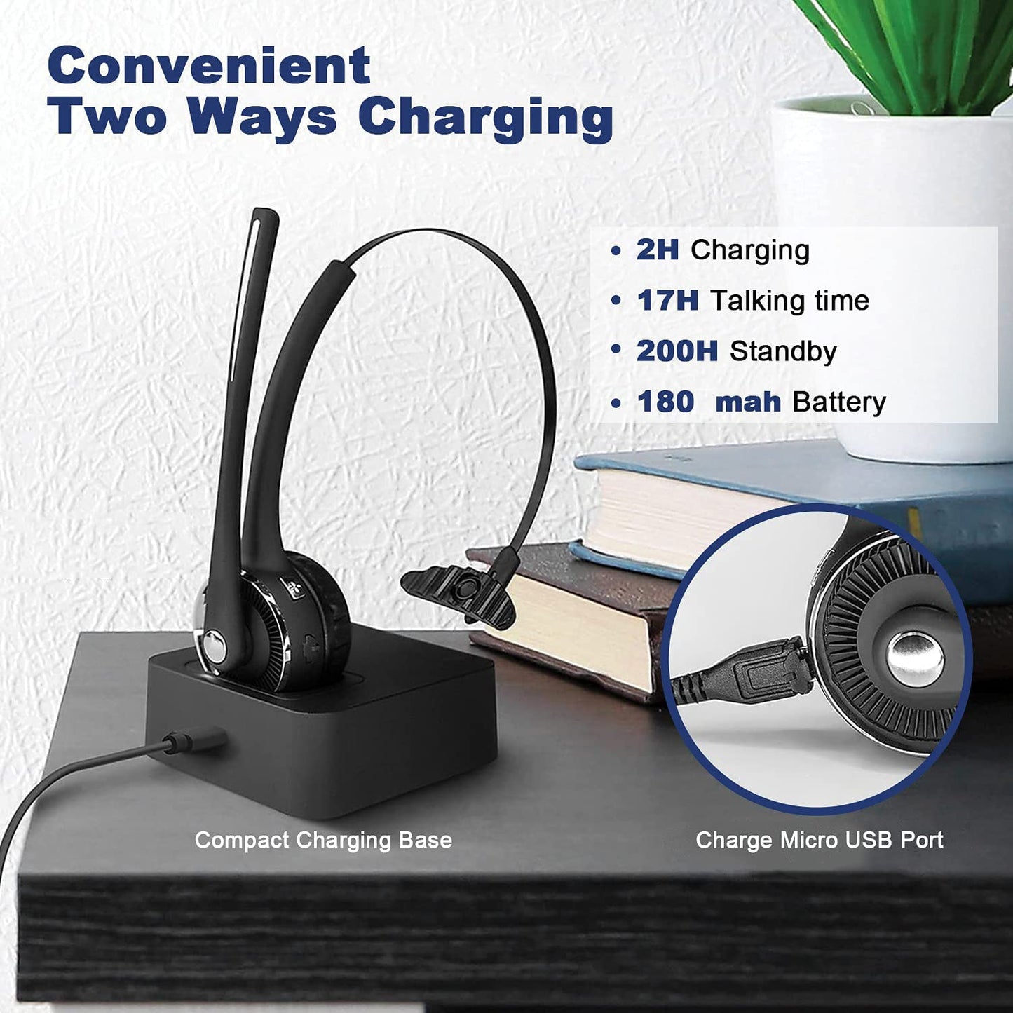 EMHFLYFN Trucker Bluetooth Headset with Microphone Noise Cancelling, V5.0 Wireless Headset with Charging Base 17 Hrs Talk Time, Black