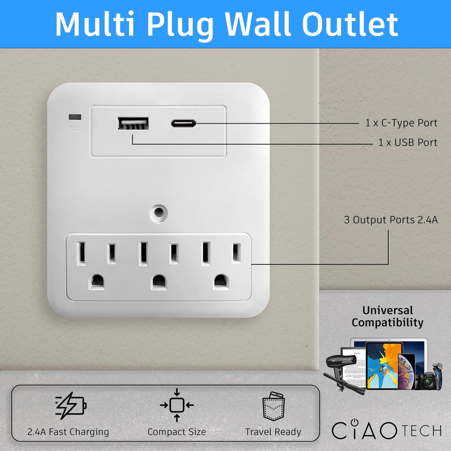 3 Outlet Extender with 1 USB-A & 1 USB-C - Multi Plug Outlet with 540 Joules Surge Protector - Multipurpose USB Outlet with 3A Fast Charging