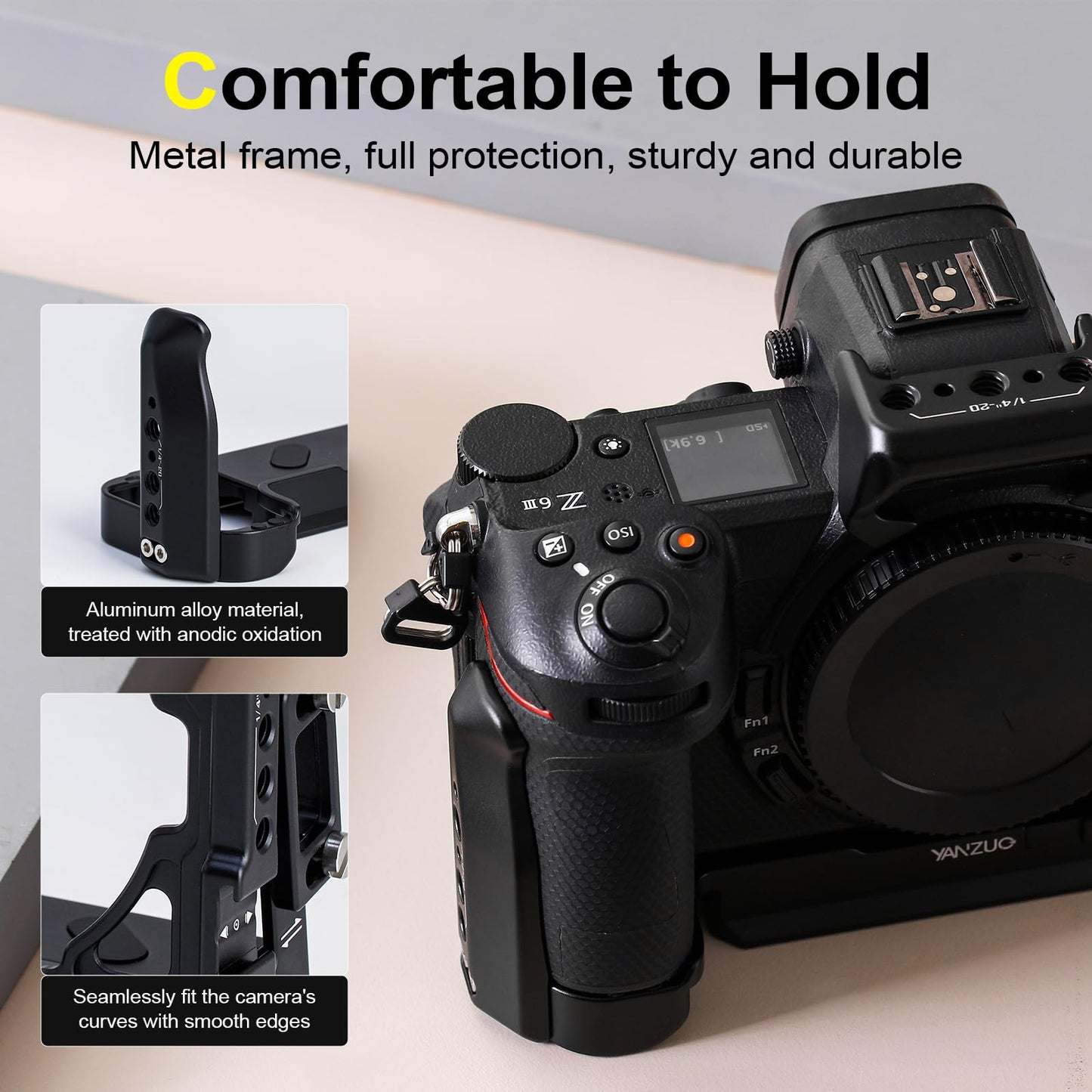 YANZUO Full Camera Cage for Nikon Z6 III, Lightweight Anodized Aluminum Rig with 38mm Arca-Swiss Plate, Quick Release, Two-Point Locking for Gimbal