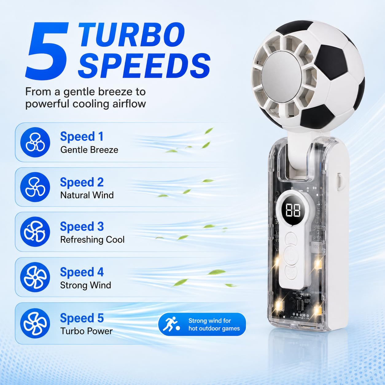Mini World Cup Ball Fan Handheld Turbo Fan, Rechargeable & Foldable Personal Neck Fan, 4-Mode LED Lights,Up to 12 Hrs,Small Portable Mini Soccer Fan