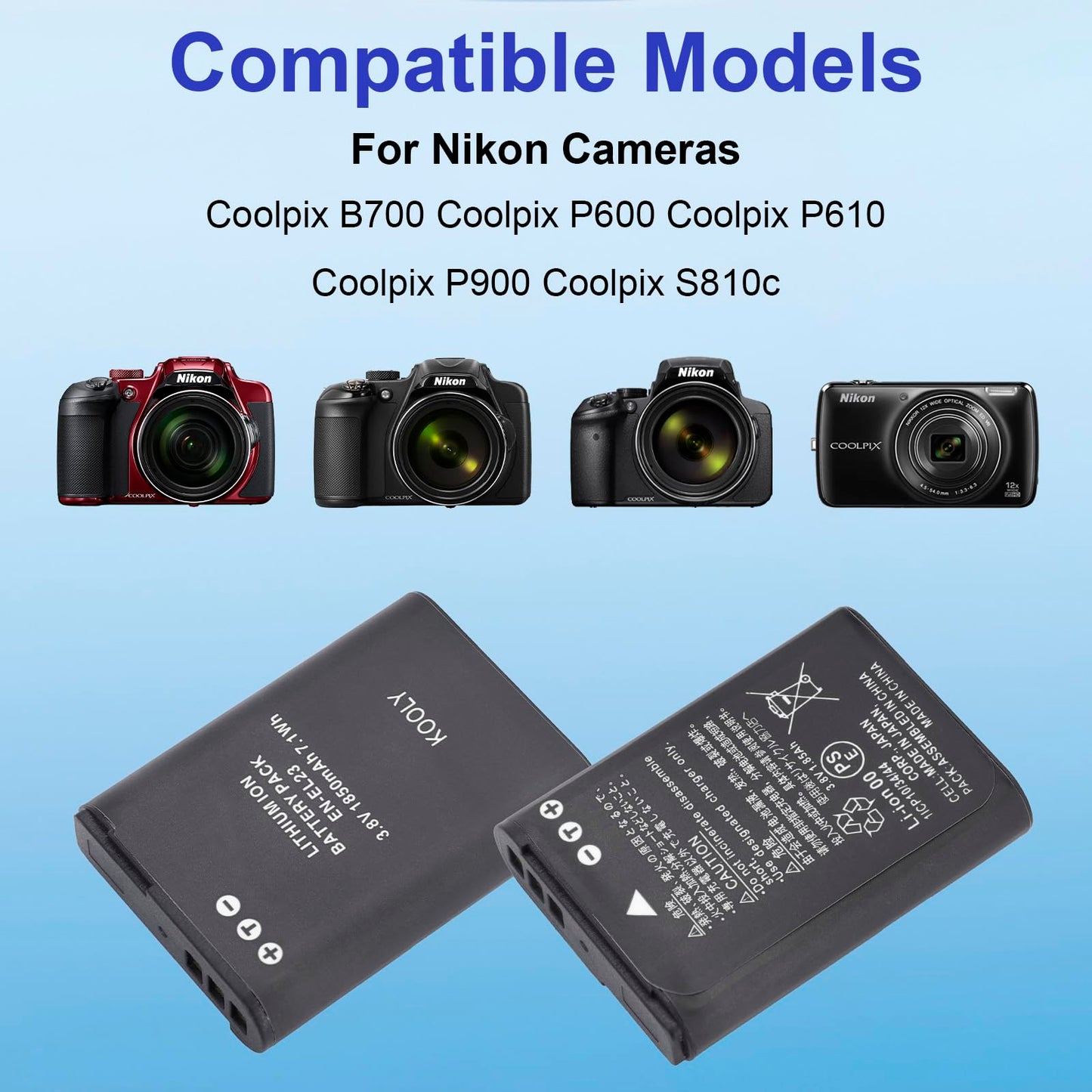 Vortiscape EN-EL23 1850mA Replacement Battery Compatible for Nikon Coolpix B700, P900, P600, P610, S810c Digital Camera,MH-67 MH-67P Charger (100%