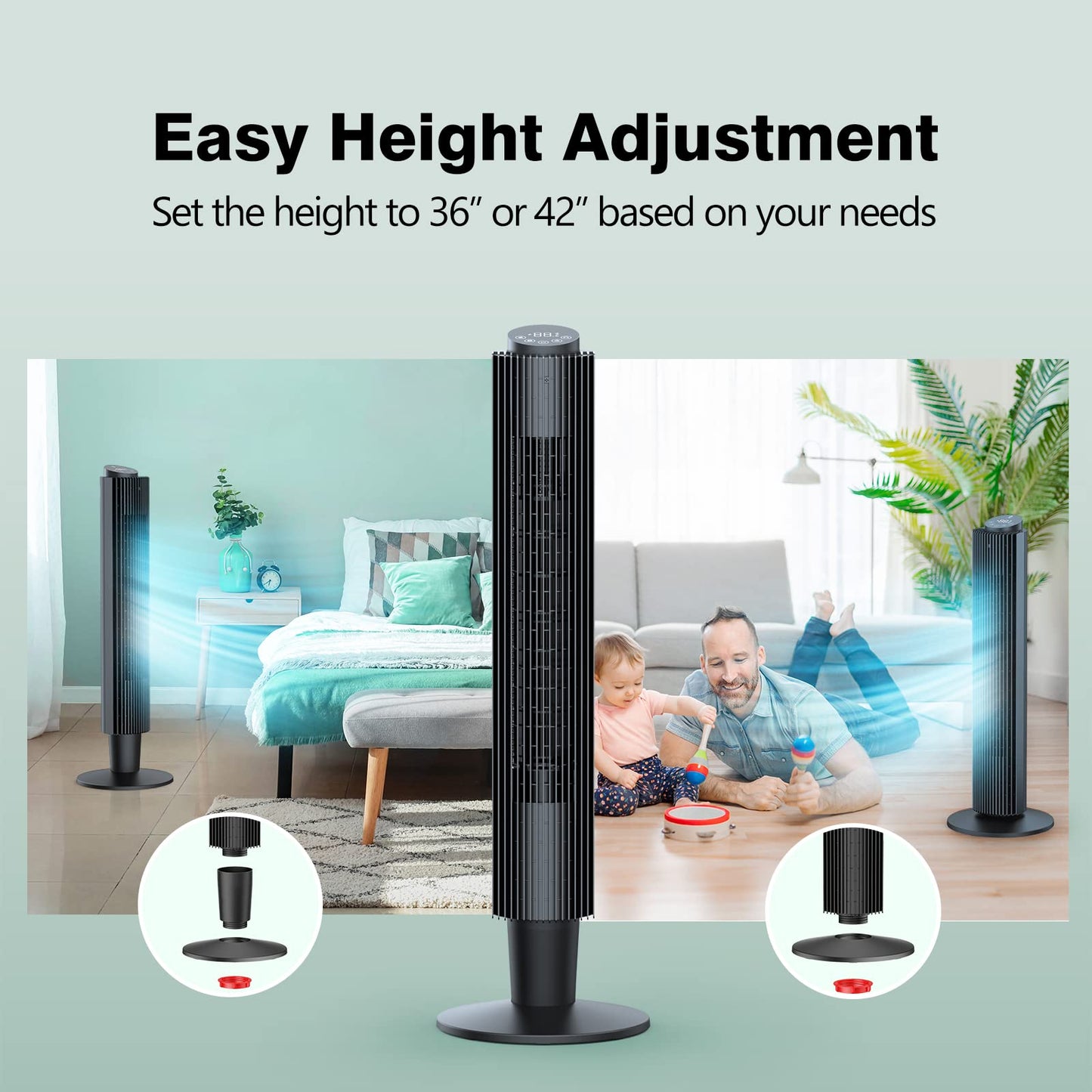 Mirdred Tower Fan, 42” 90° Oscillating Tower Fan with 5 Fan Speeds, Sleep Mode, Remote, 12H On/Off Timer, Portable Stand Up Floor Bladeless Fan