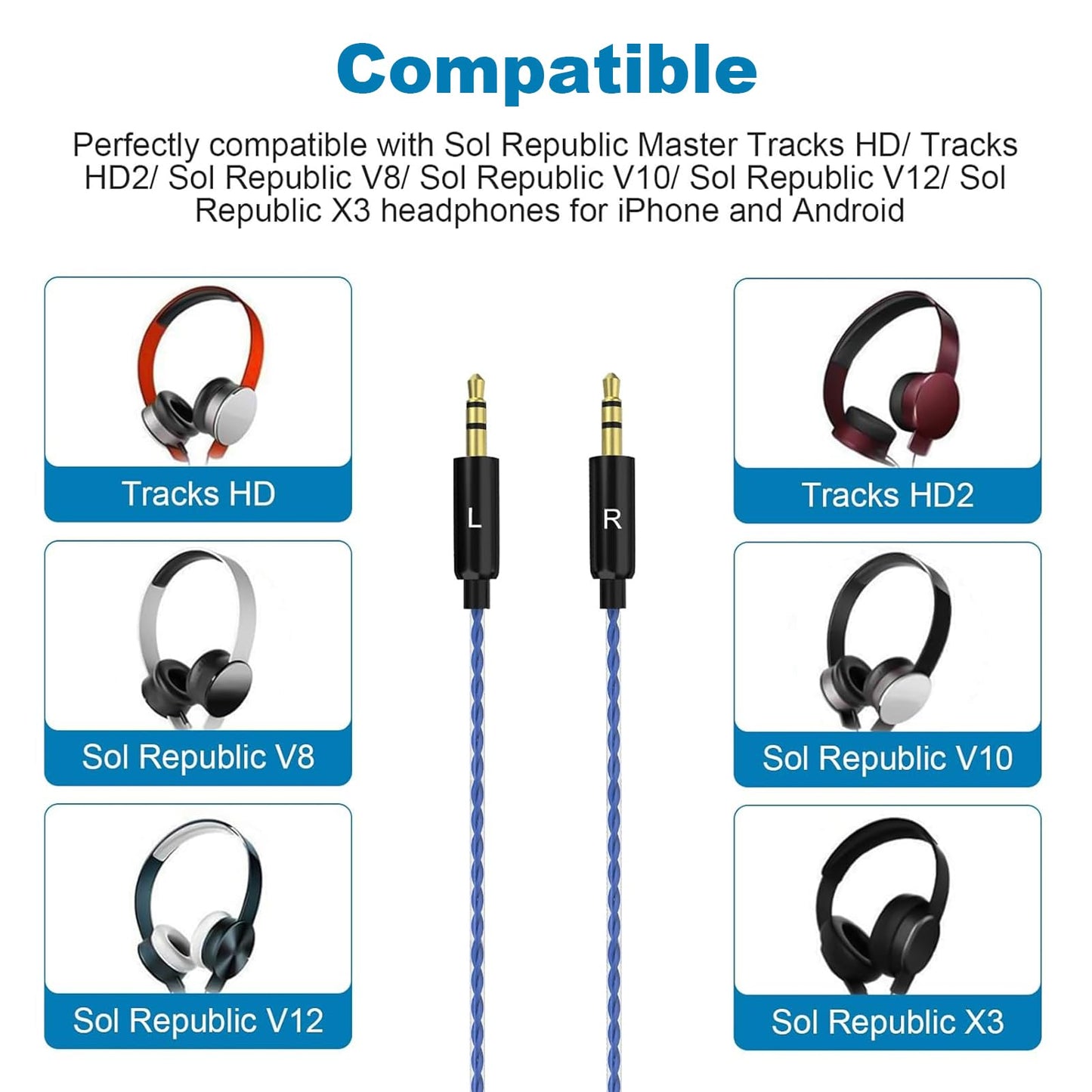 Gneinour Sol Republic Replacement Cable with Remote Volume & Mic Compatible with Sol Republic Master Tracks HD, HD2, Sol Republic V8, V10, V12, X3…