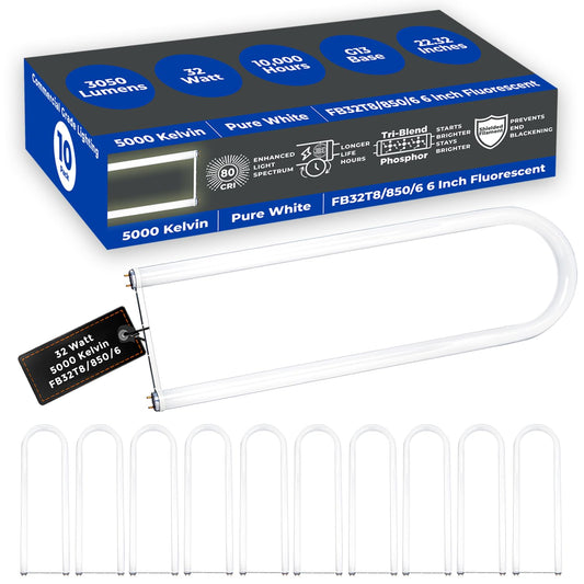 GoodBulb 32W T8 U Bend Fluorescent 6" Tube, 5000K Daylight Medium Bi-Pin Base, 3050 Lumens 85 CRI 24000 Life Hours 32 Watts, Car Dealership Lighting