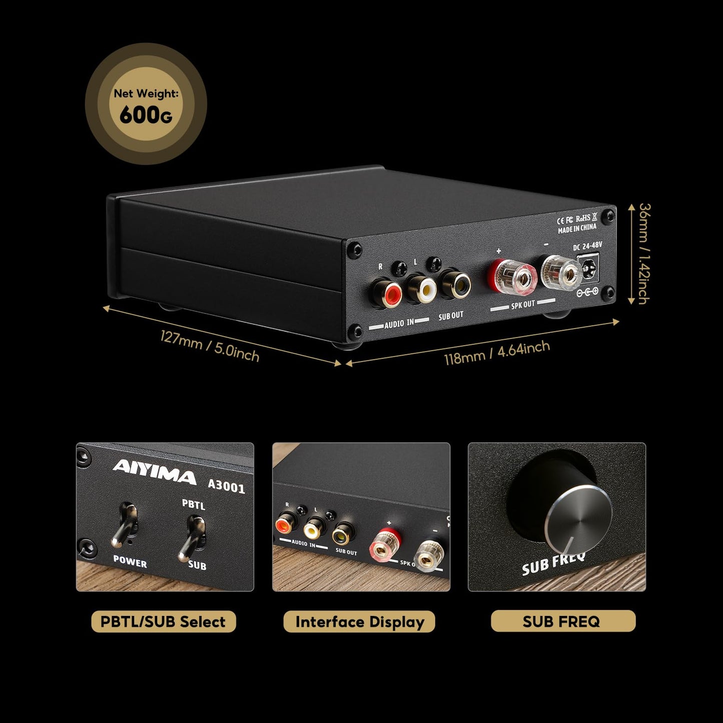 AIYIMA A3001 Mini Mono Amp 300W Subwoofer Amplifier TPA3255 Class D Amp with Full-Frequency & Sub Bass Home Audio Speaker amp+ DC36V 6A Power Adapter