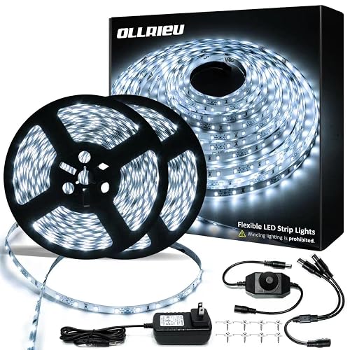 ollrieu LED Strip Lights White 65.6ft Dimmable 6000K Bright White Strip Lighting, 12V 20M 1200 LEDs 2835 Flexible led Light for Kitchen, Under