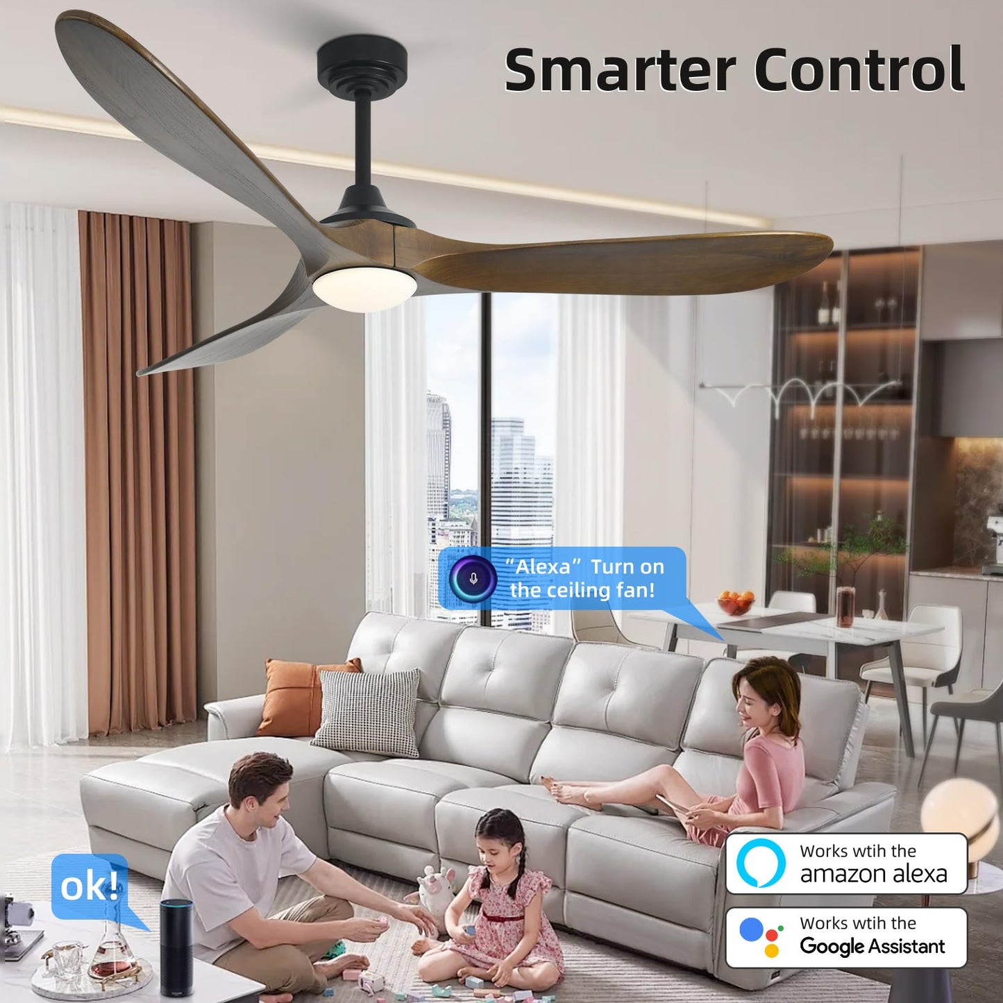 Homlit 60” Outdoor Ceiling Fan with Light 3 Downrods, Smart Wood Ceiling Fan Compatible with Alexa/Google/App, 3 Blades Modern Walnut Wood Ceiling