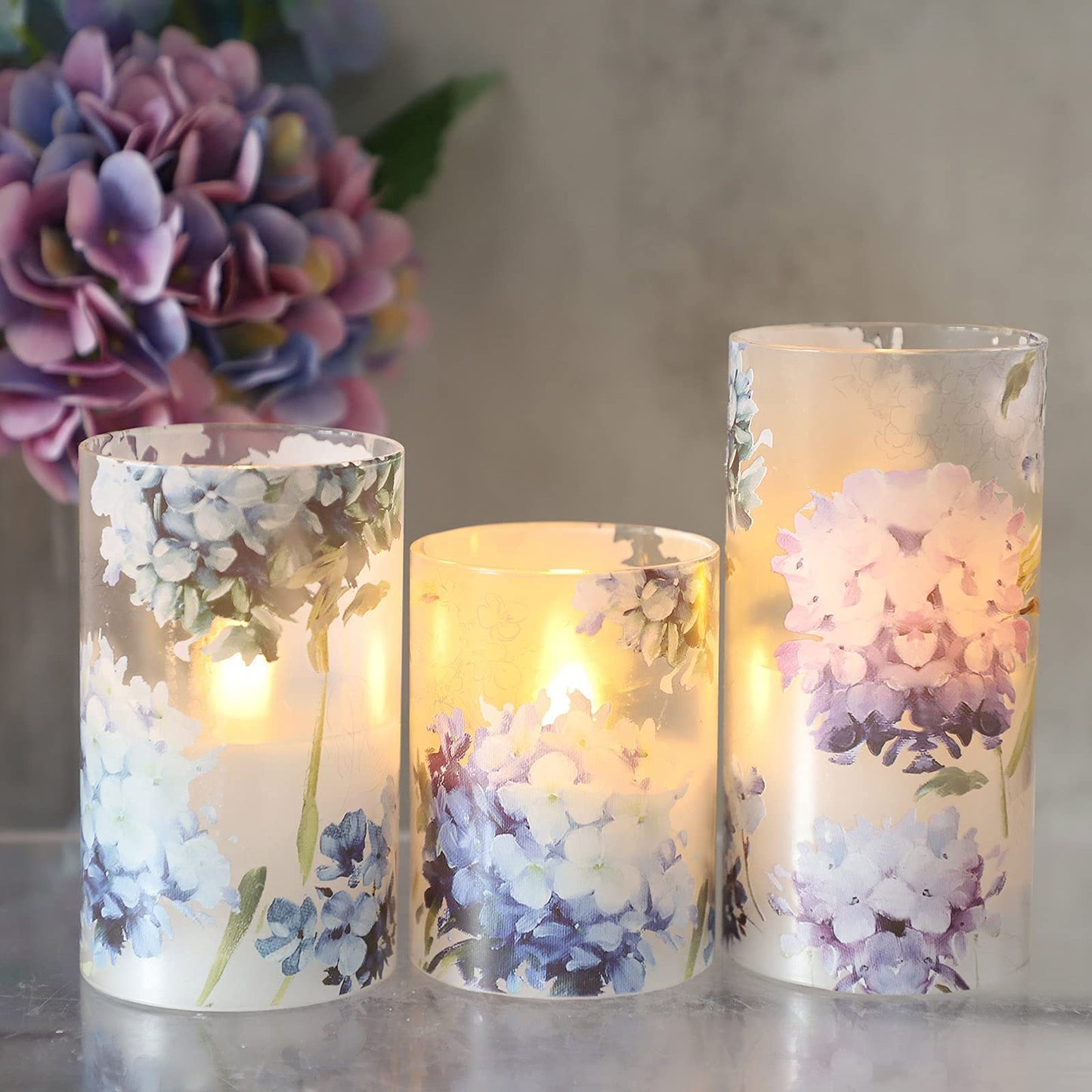 REVELBUNNY Blue Hydrangea Flameless Candles, Decorative LED Candles Flickering with Remote Timer, Battery Operated Real Wax Candles for Birthday Party