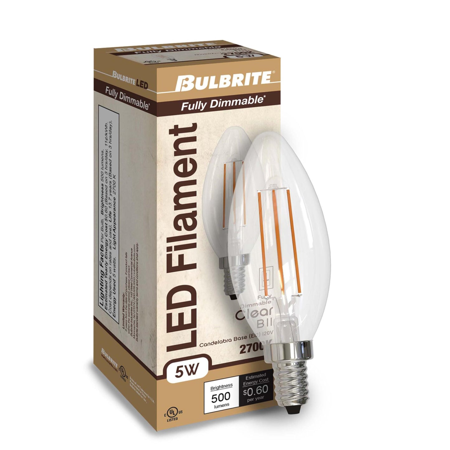 Bulbrite 776626 5 Watt B11 LED Filament Light Bulb, E12 Candelabra Base, 2700K 500 Lumens, 60W Equivalent (4 Pack)