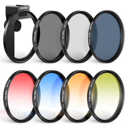 NEEWER Clip On 67mm Phone ND Filter Kit with Cold Shoe Lens Clip, CPL/ND32/6 Point Star/4 Graduated Color Filter Compatible with iPhone 17 16 16e 15